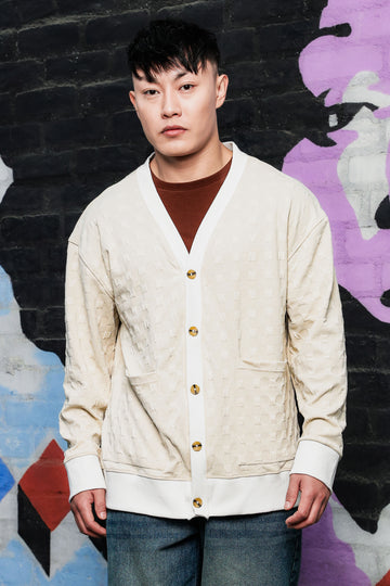 Off-White Textured & Self Design V-Neck Knitted Cardigan