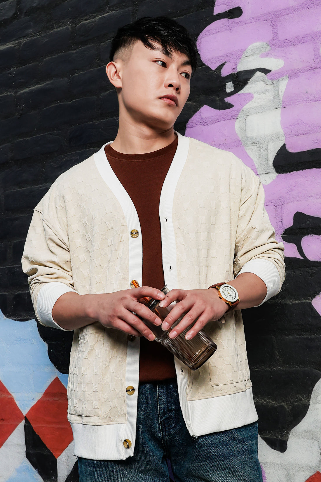 Off-White Textured & Self Design V-Neck Knitted Cardigan