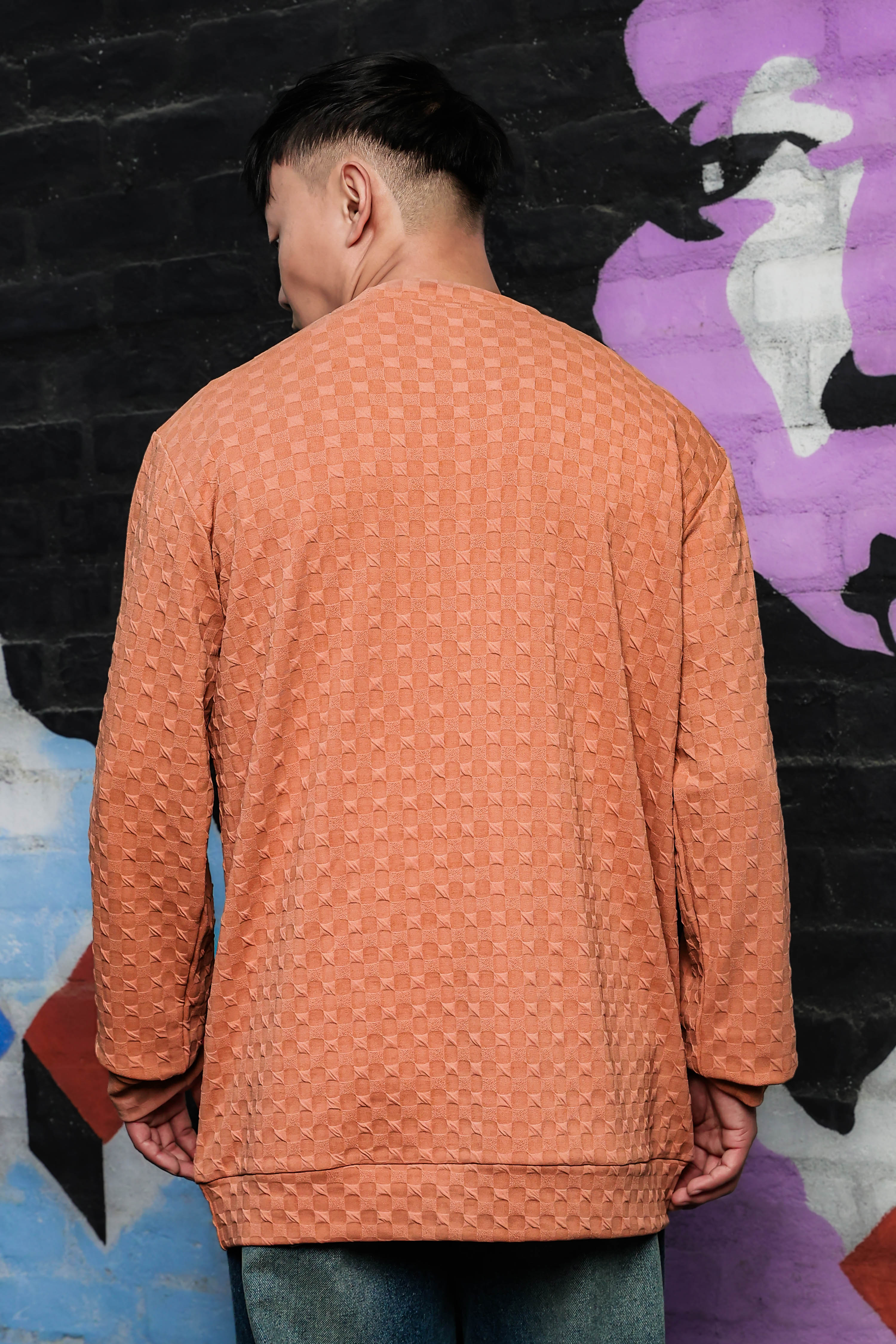 Brown Solid Textured Knitted Drop-Shoulder Relaxed Fit Pullover Sweatshirt