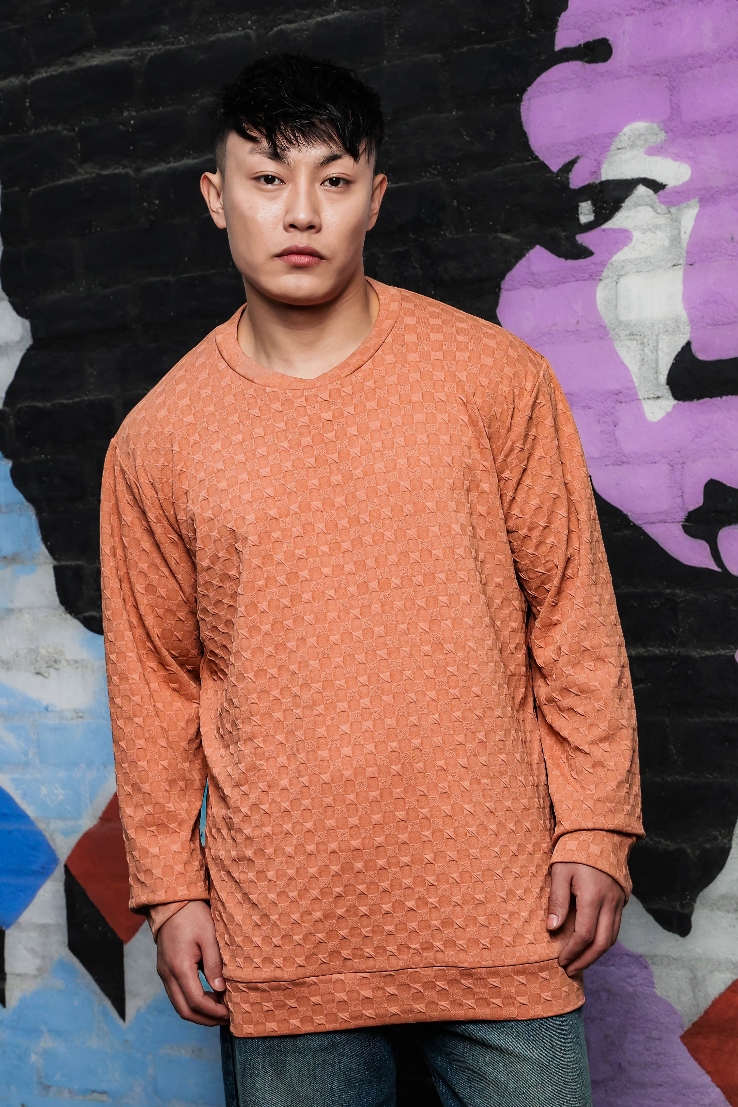 Brown Solid Textured Knitted Drop-Shoulder Relaxed Fit Pullover Sweatshirt