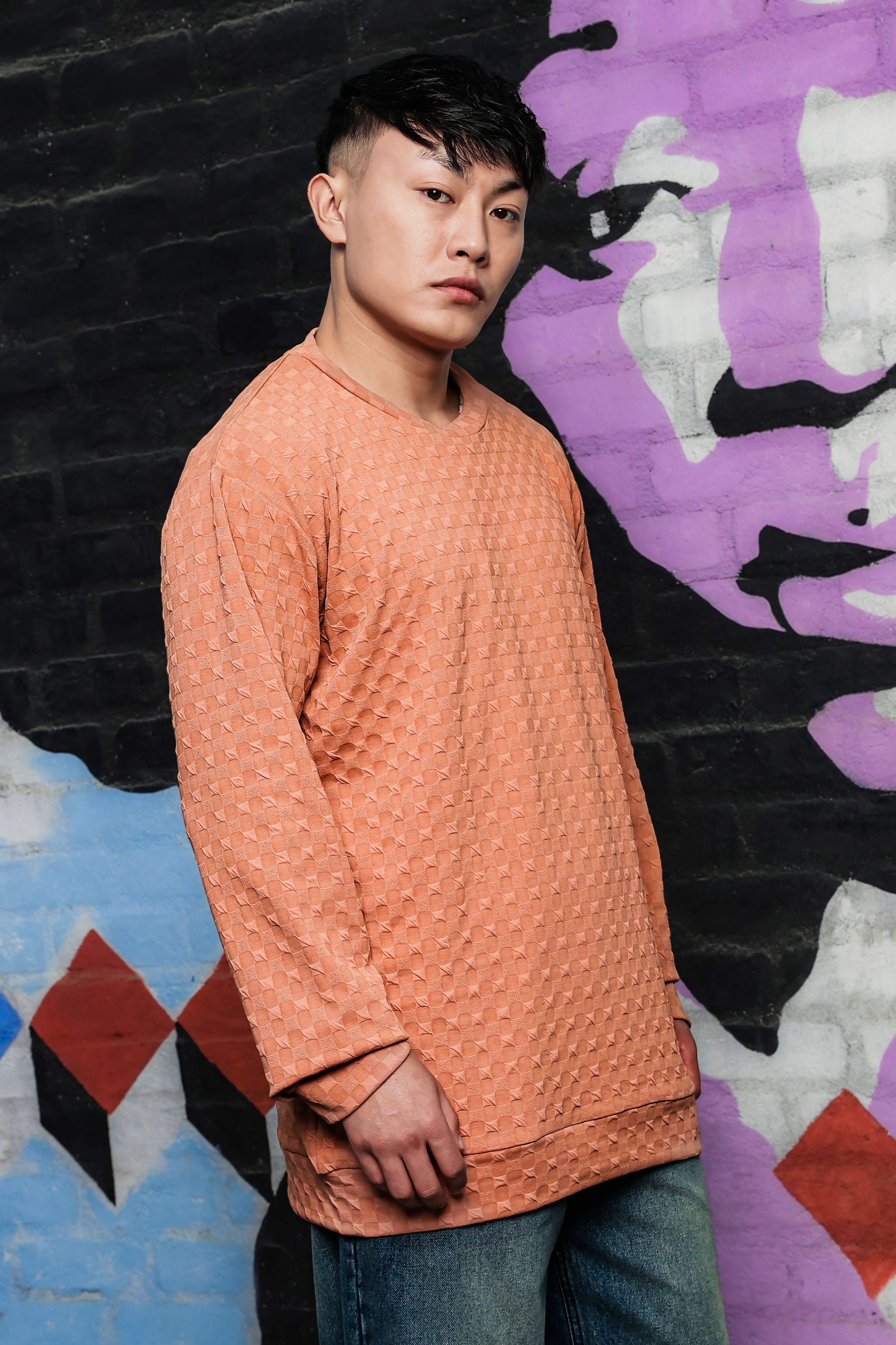 Brown Solid Textured Knitted Drop-Shoulder Relaxed Fit Pullover Sweatshirt