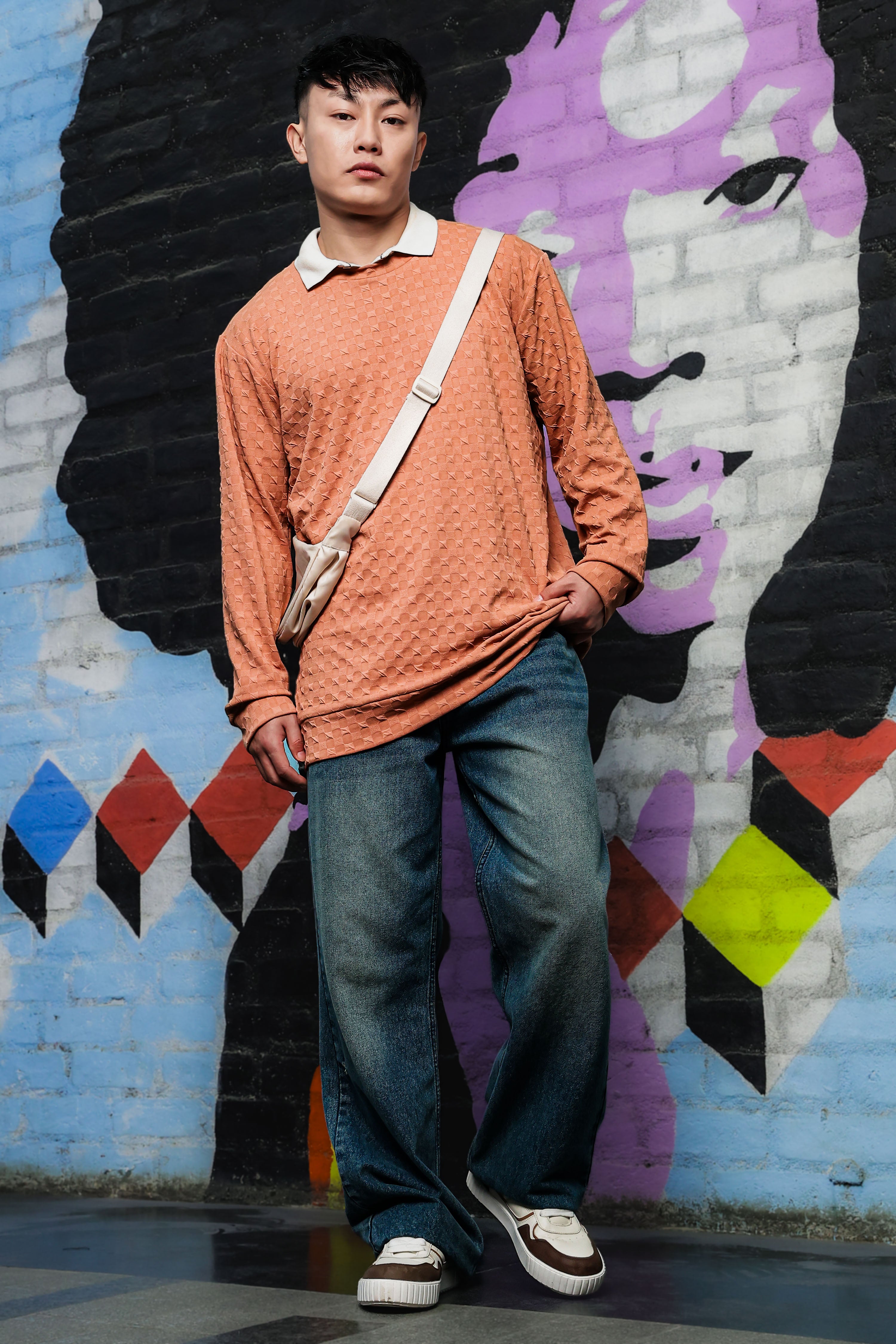 Brown Solid Textured Knitted Drop-Shoulder Relaxed Fit Pullover Sweatshirt