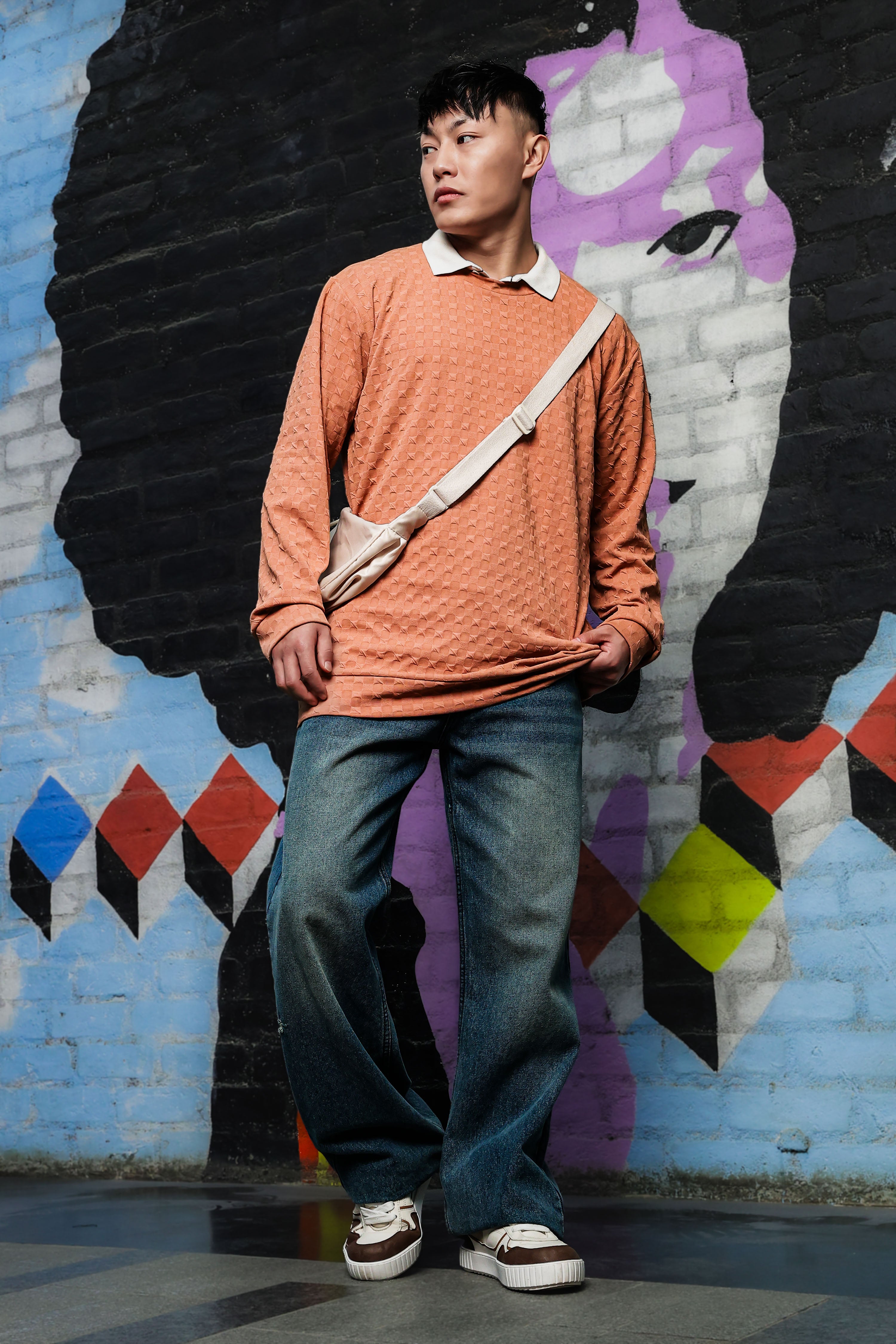 Brown Solid Textured Knitted Drop-Shoulder Relaxed Fit Pullover Sweatshirt