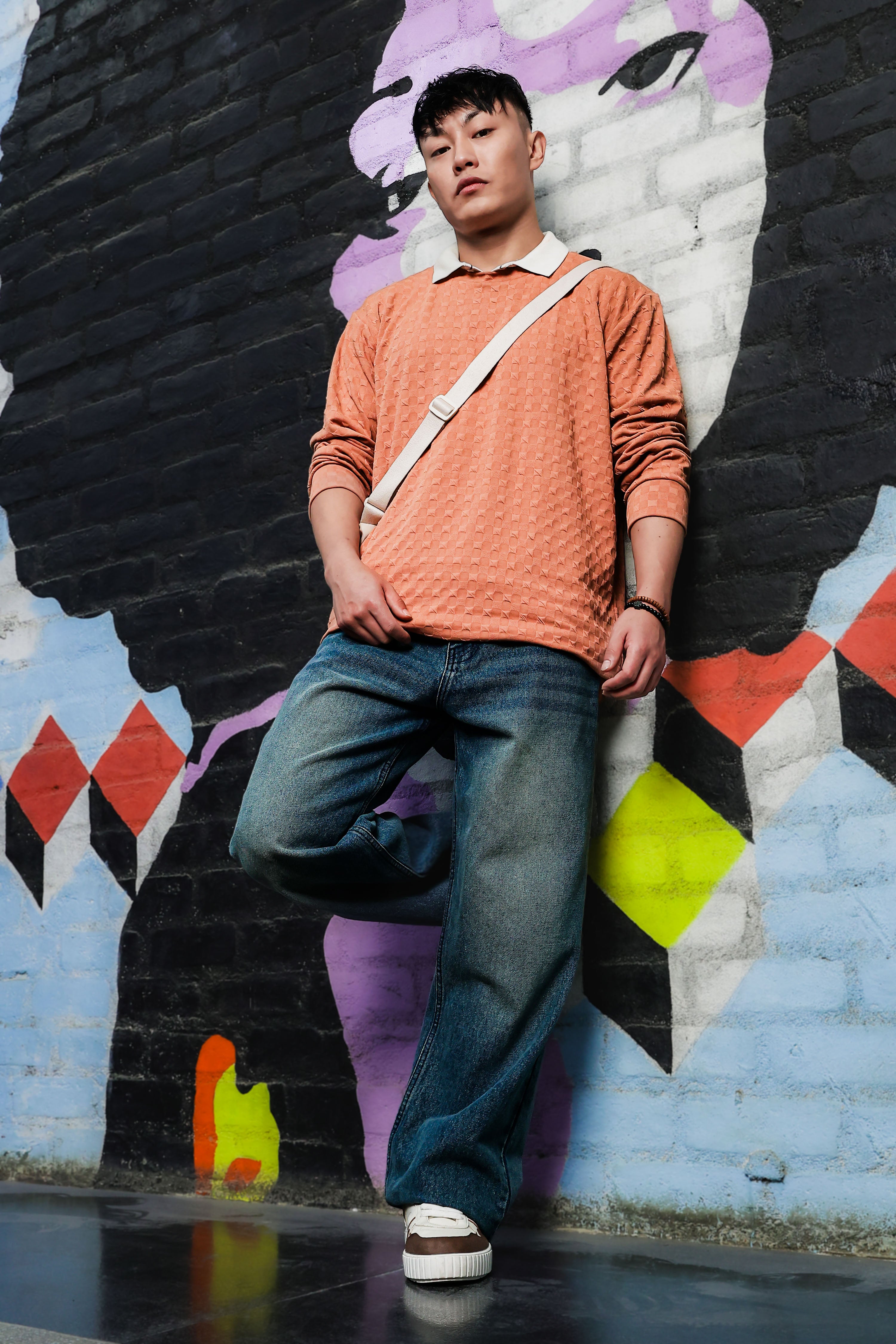 Brown Solid Textured Knitted Drop-Shoulder Relaxed Fit Pullover Sweatshirt