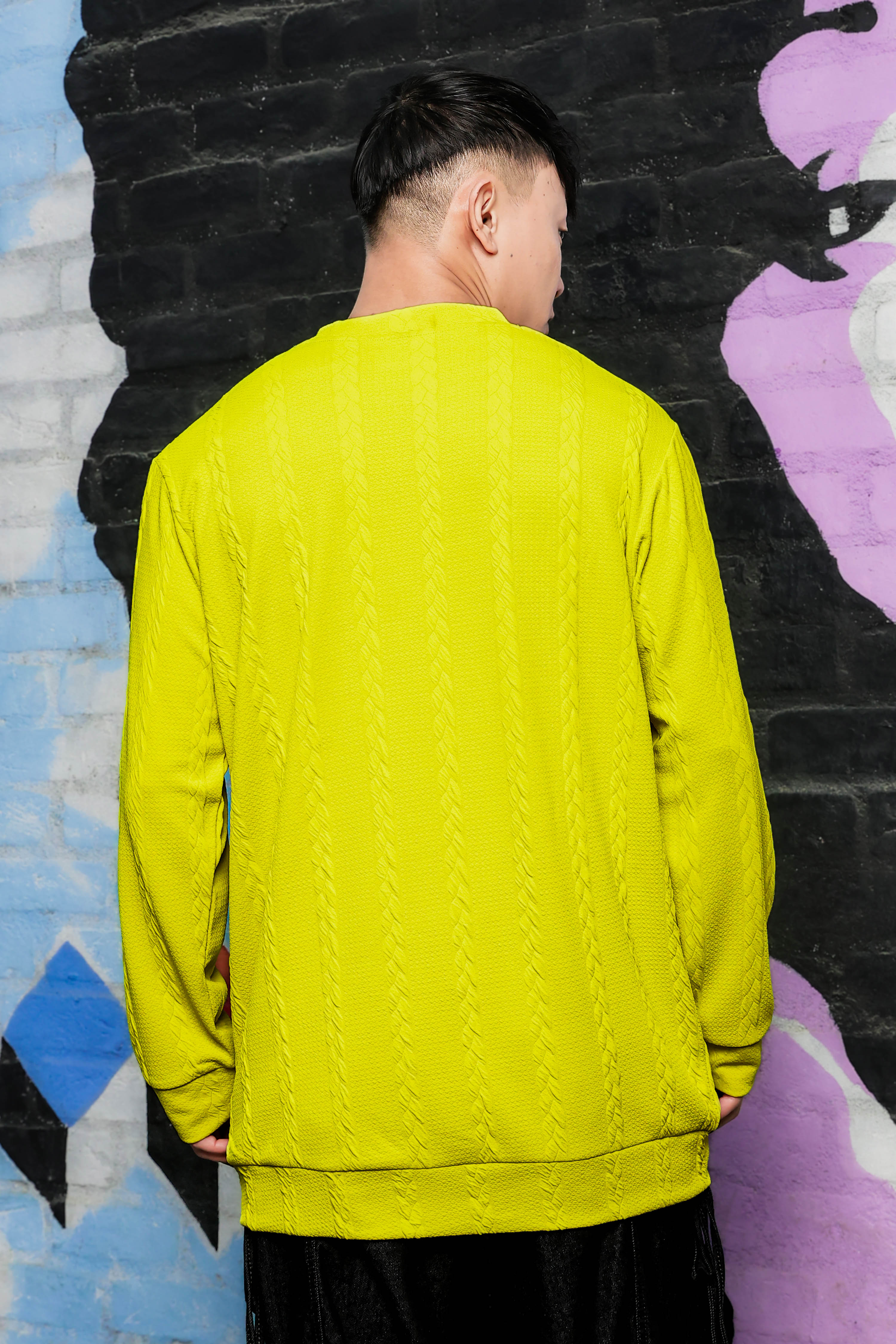 Neon Green Solid Textured Cable Knit Drop-Shoulder Relaxed Fit Pullover Sweatshirt