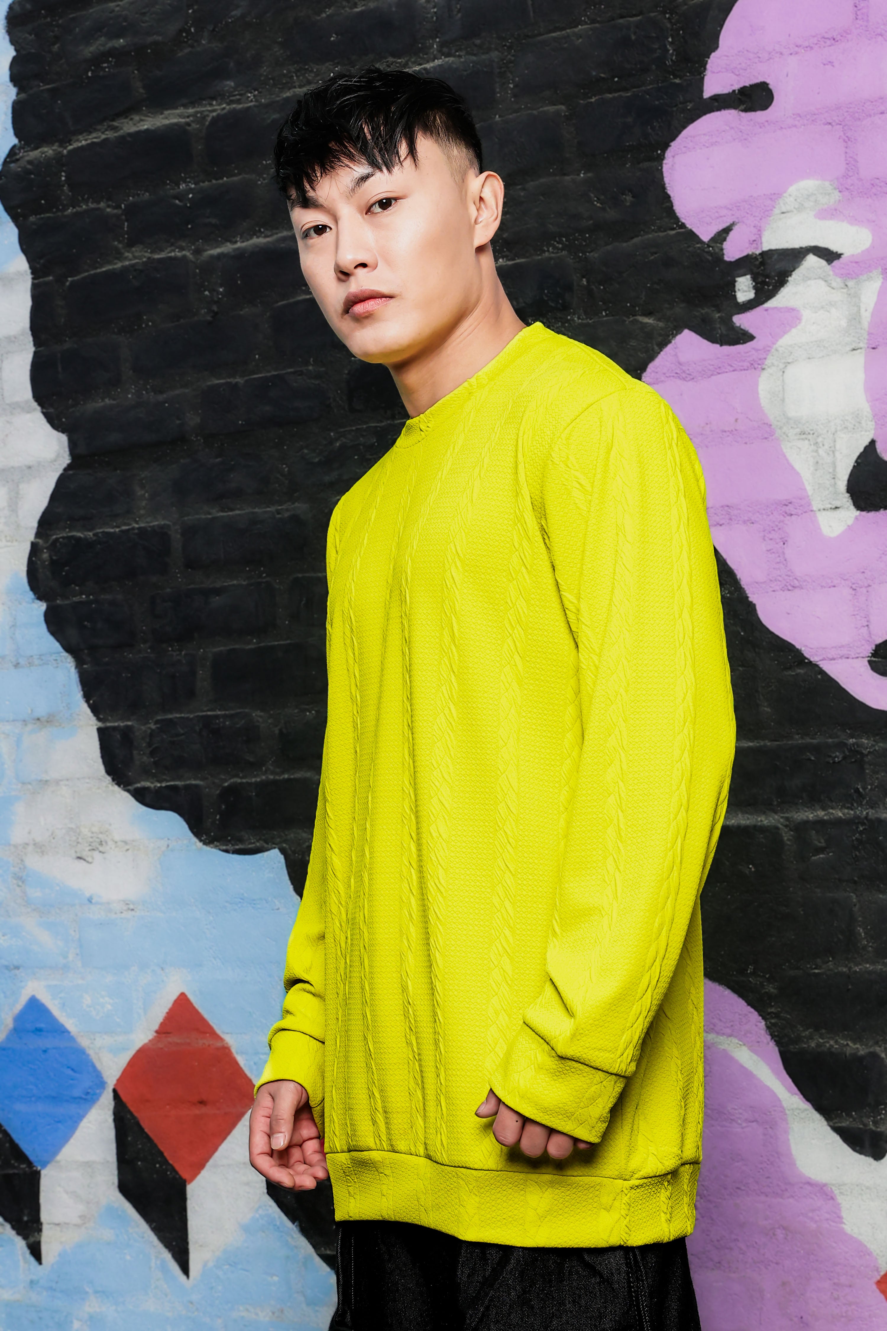 Neon Green Solid Textured Cable Knit Drop-Shoulder Relaxed Fit Pullover Sweatshirt