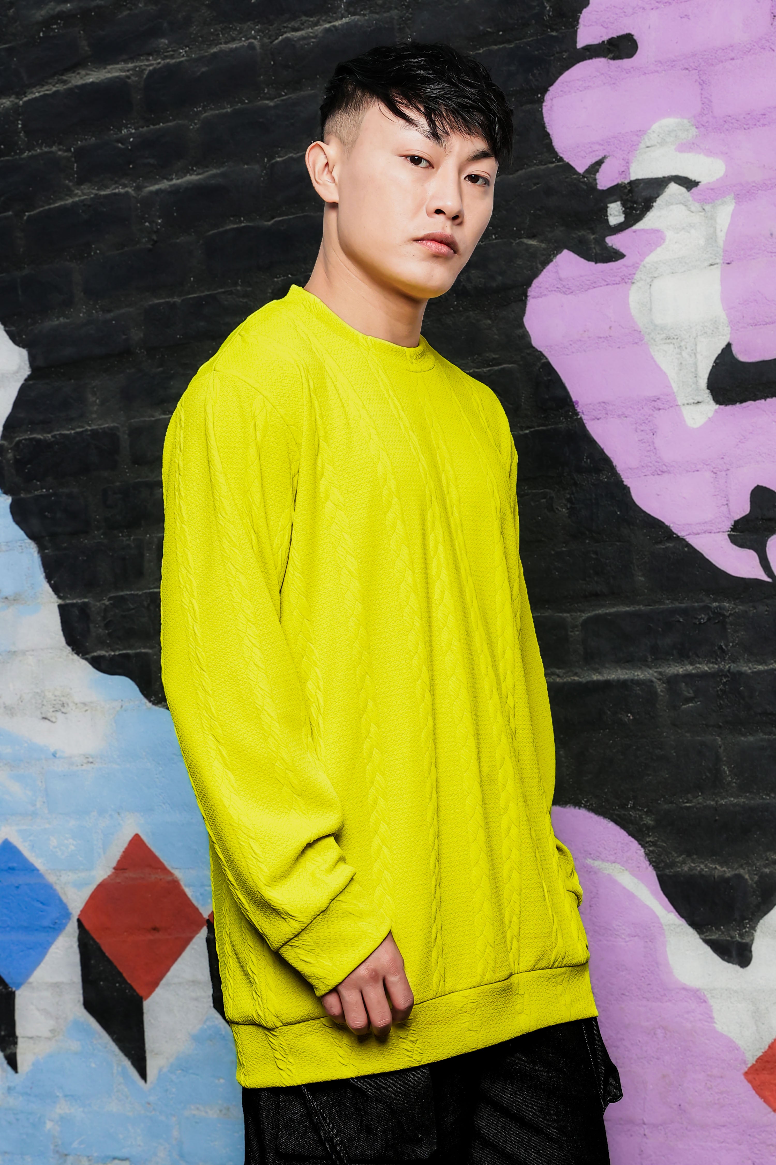 Neon Green Solid Textured Cable Knit Drop-Shoulder Relaxed Fit Pullover Sweatshirt