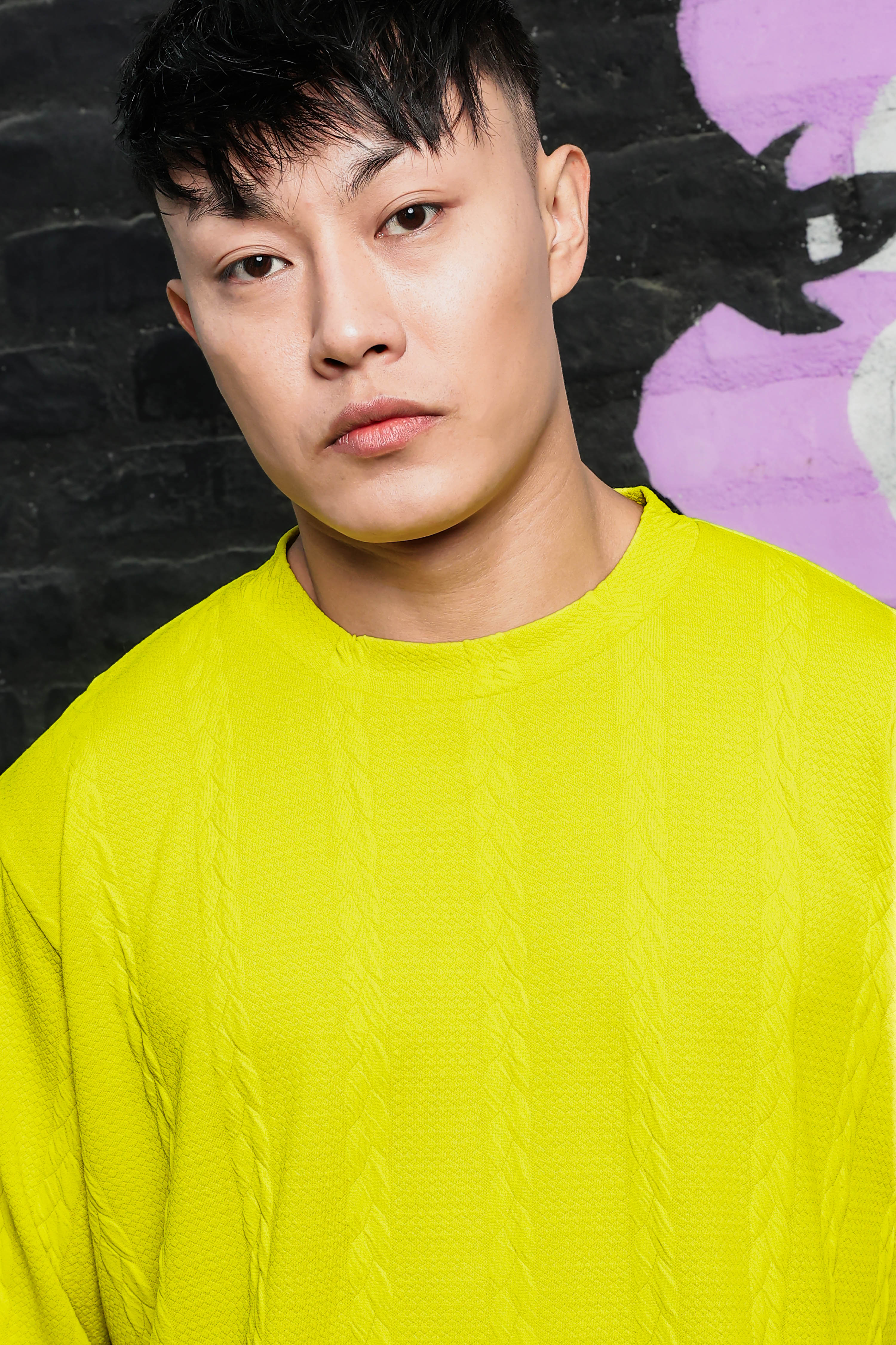 Neon Green Solid Textured Cable Knit Drop-Shoulder Relaxed Fit Pullover Sweatshirt