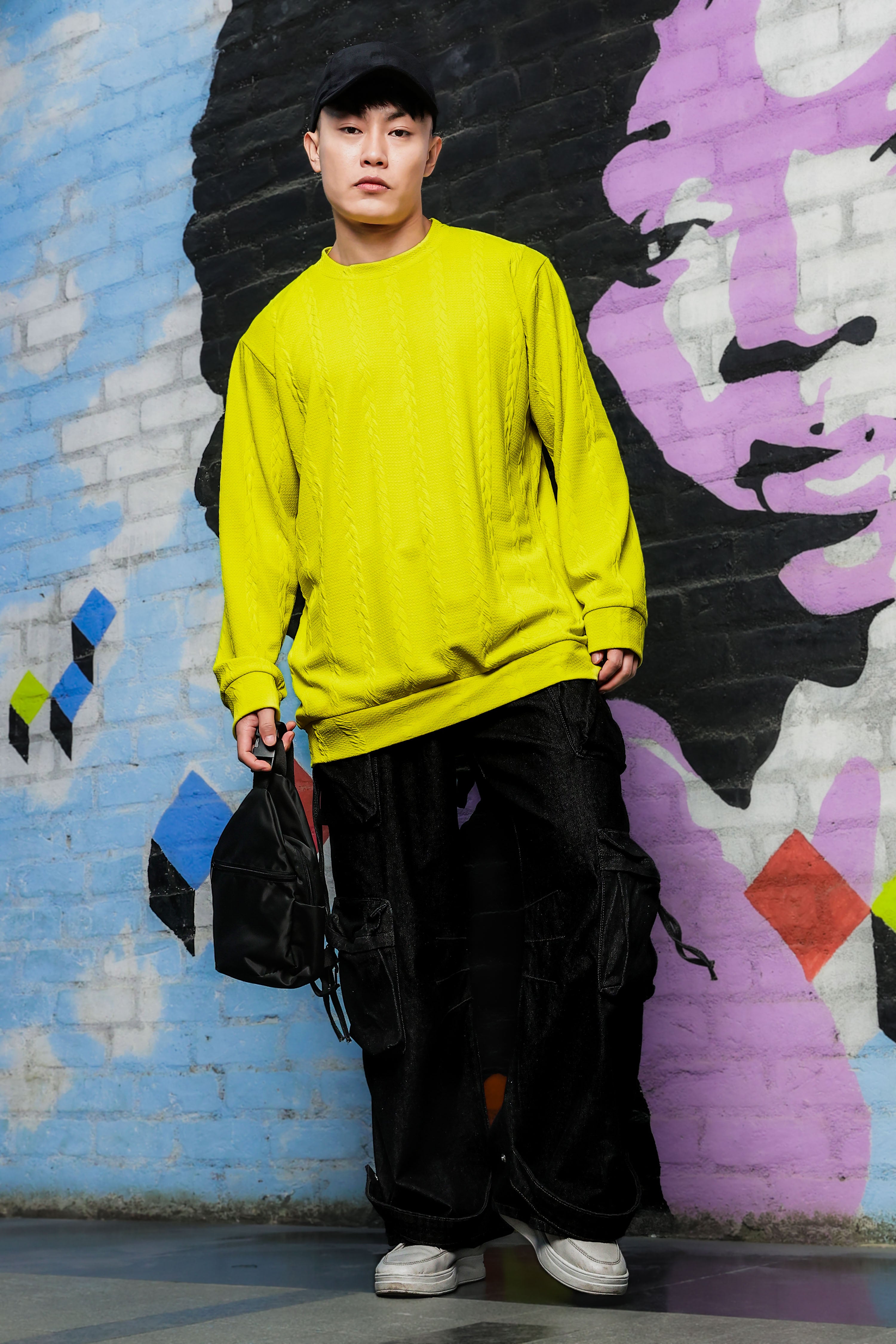 Neon Green Solid Textured Cable Knit Drop-Shoulder Relaxed Fit Pullover Sweatshirt