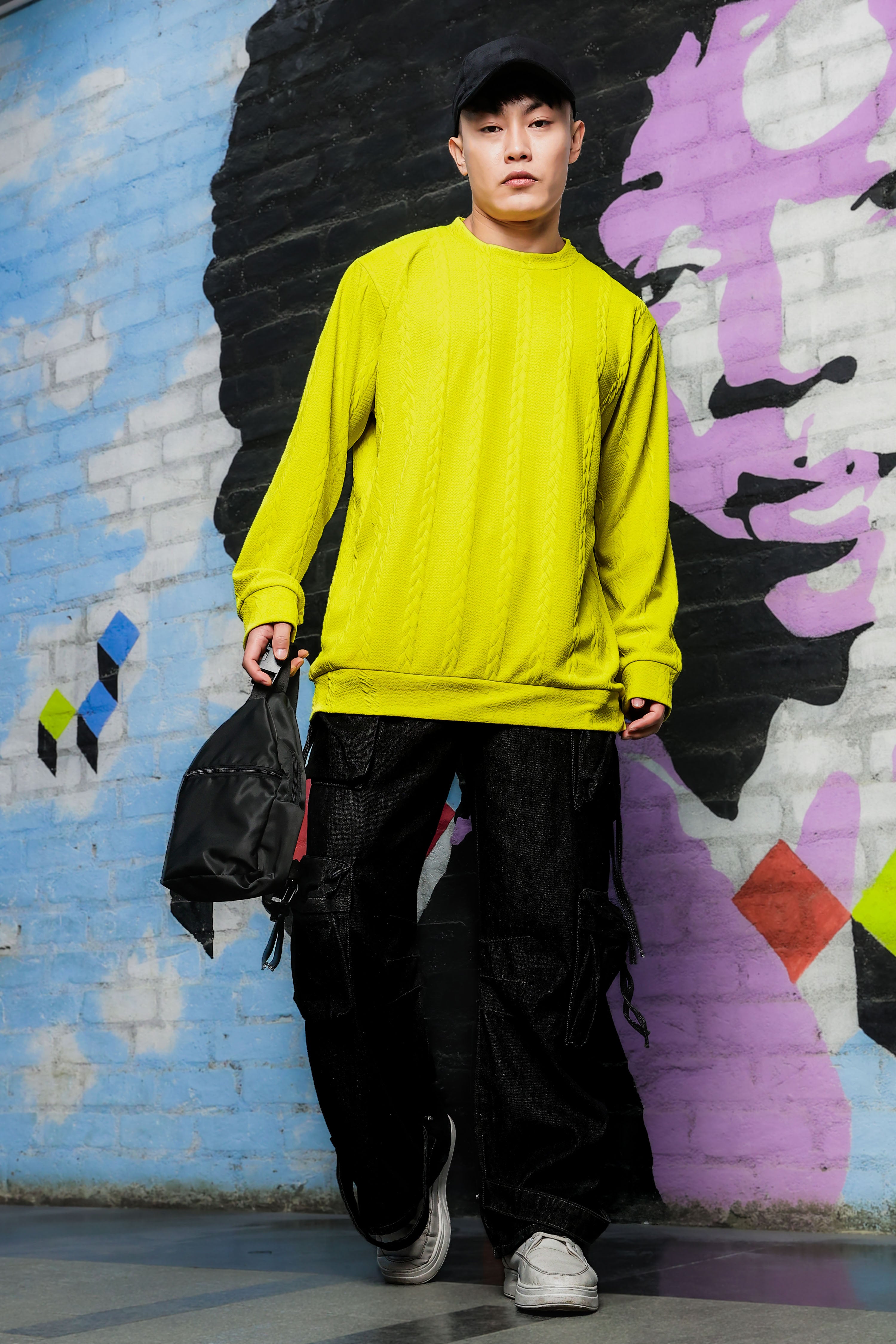 Neon Green Solid Textured Cable Knit Drop-Shoulder Relaxed Fit Pullover Sweatshirt