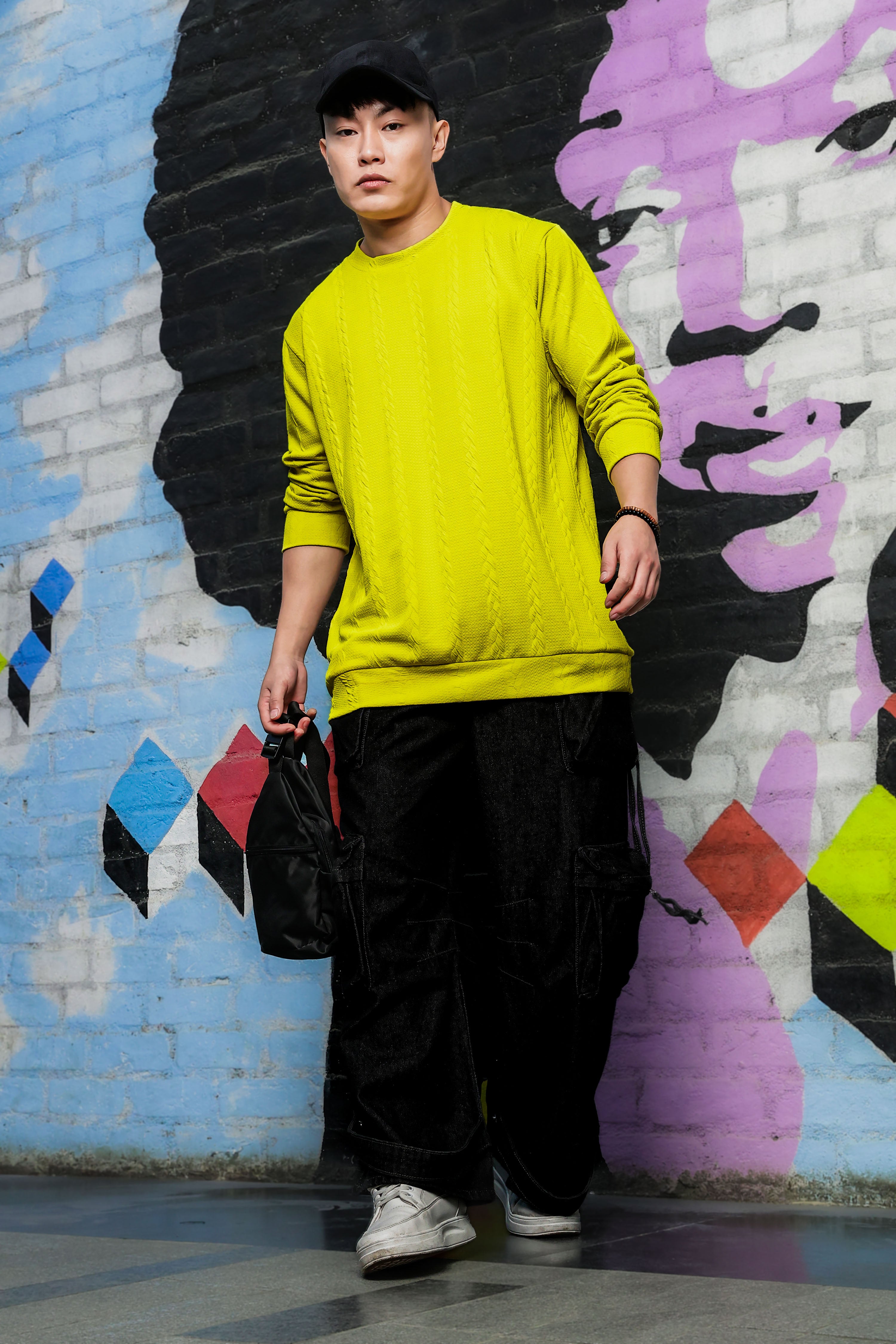 Neon Green Solid Textured Cable Knit Drop-Shoulder Relaxed Fit Pullover Sweatshirt