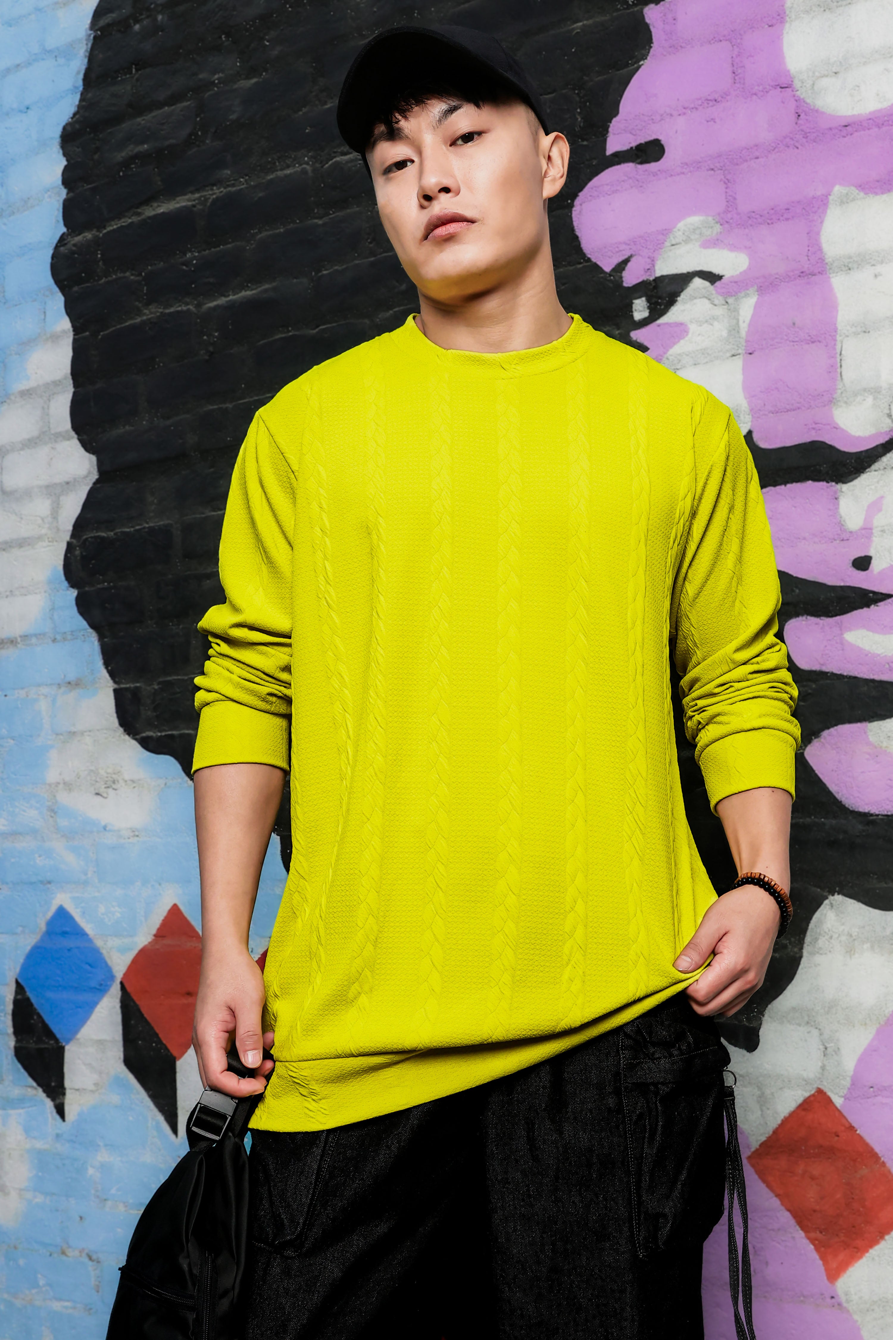 Neon Green Solid Textured Cable Knit Drop-Shoulder Relaxed Fit Pullover Sweatshirt