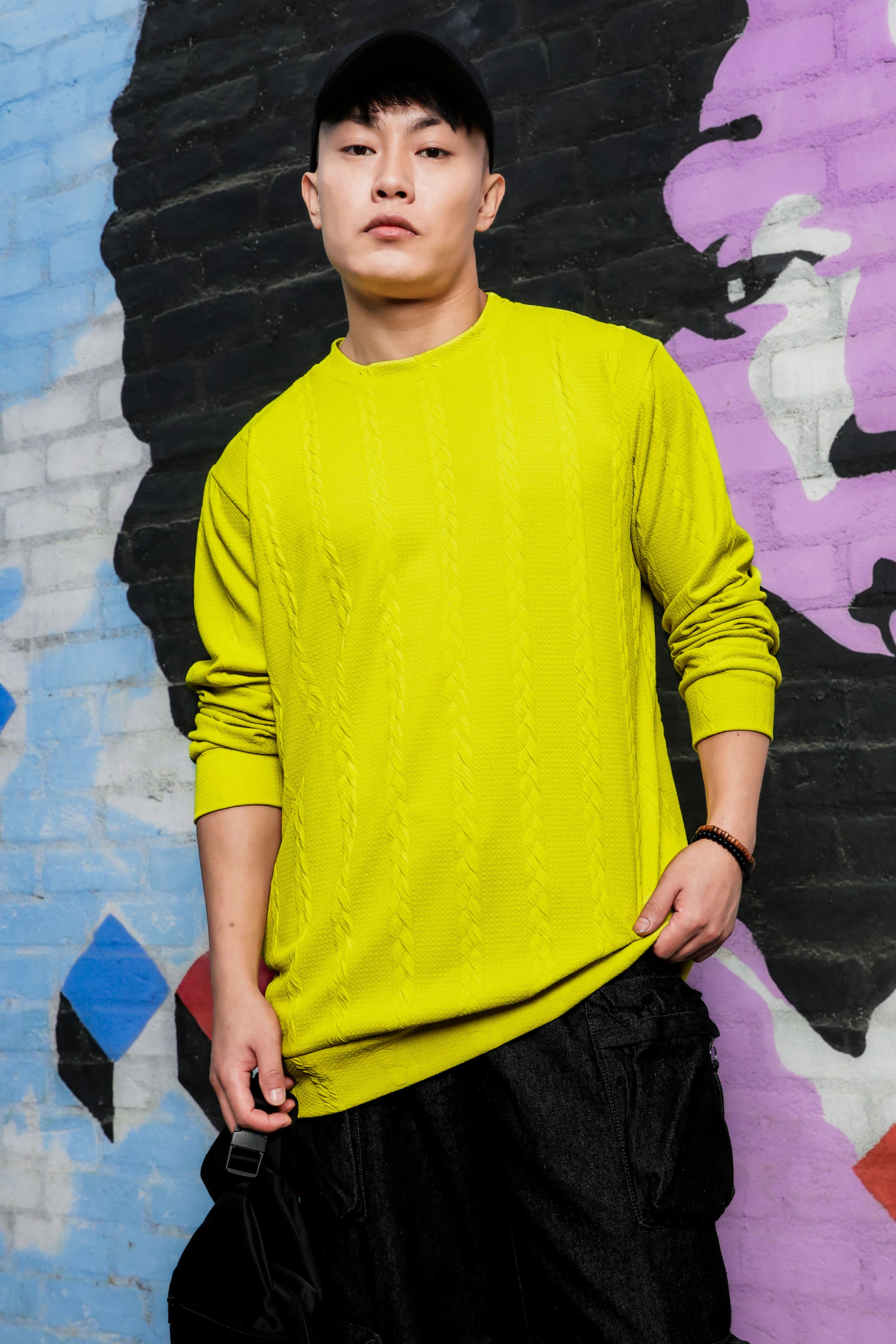 Neon Green Solid Textured Cable Knit Drop-Shoulder Relaxed Fit Pullover Sweatshirt