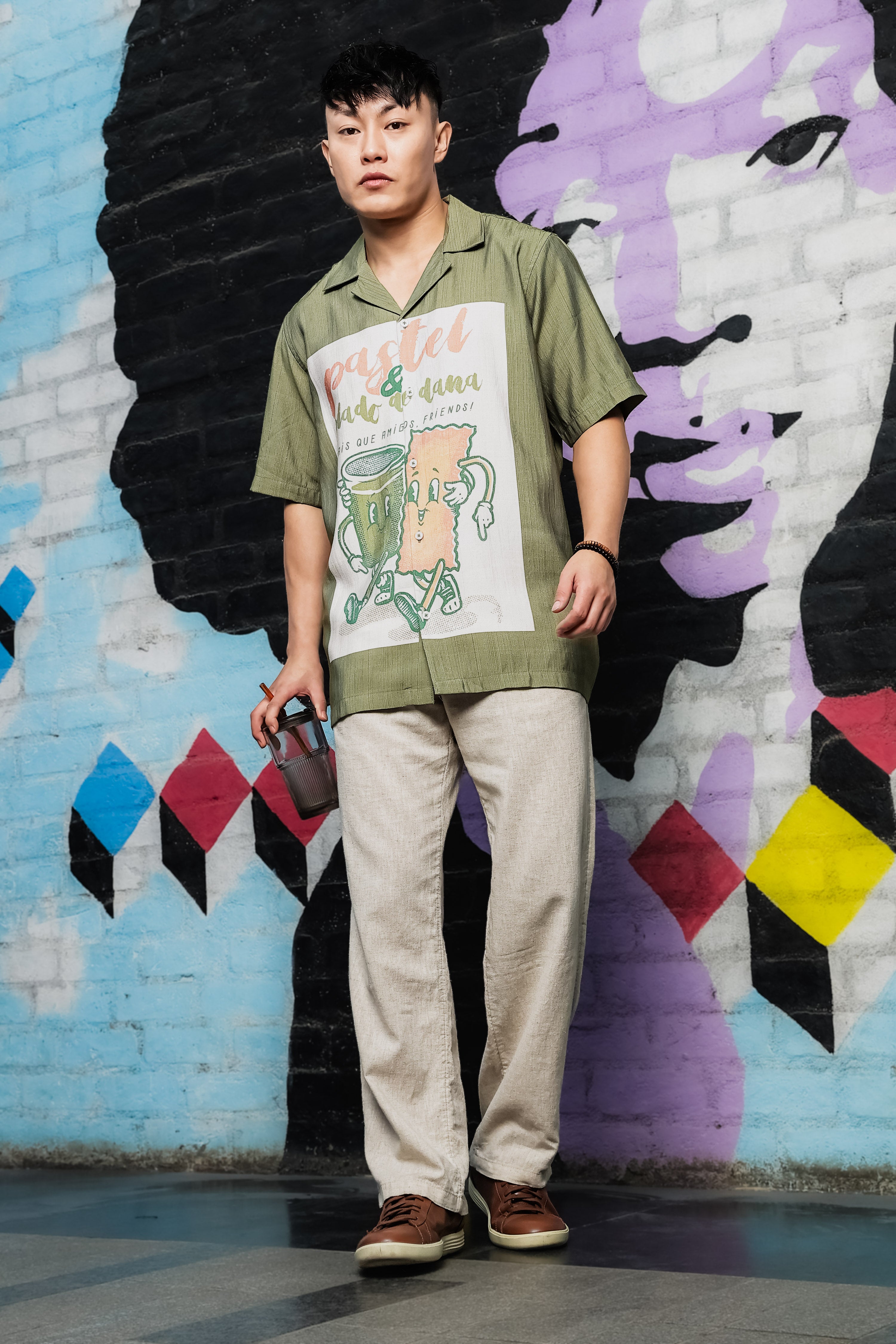 Men Placement Print Olive Classic Relaxed Fit Resort Shirt