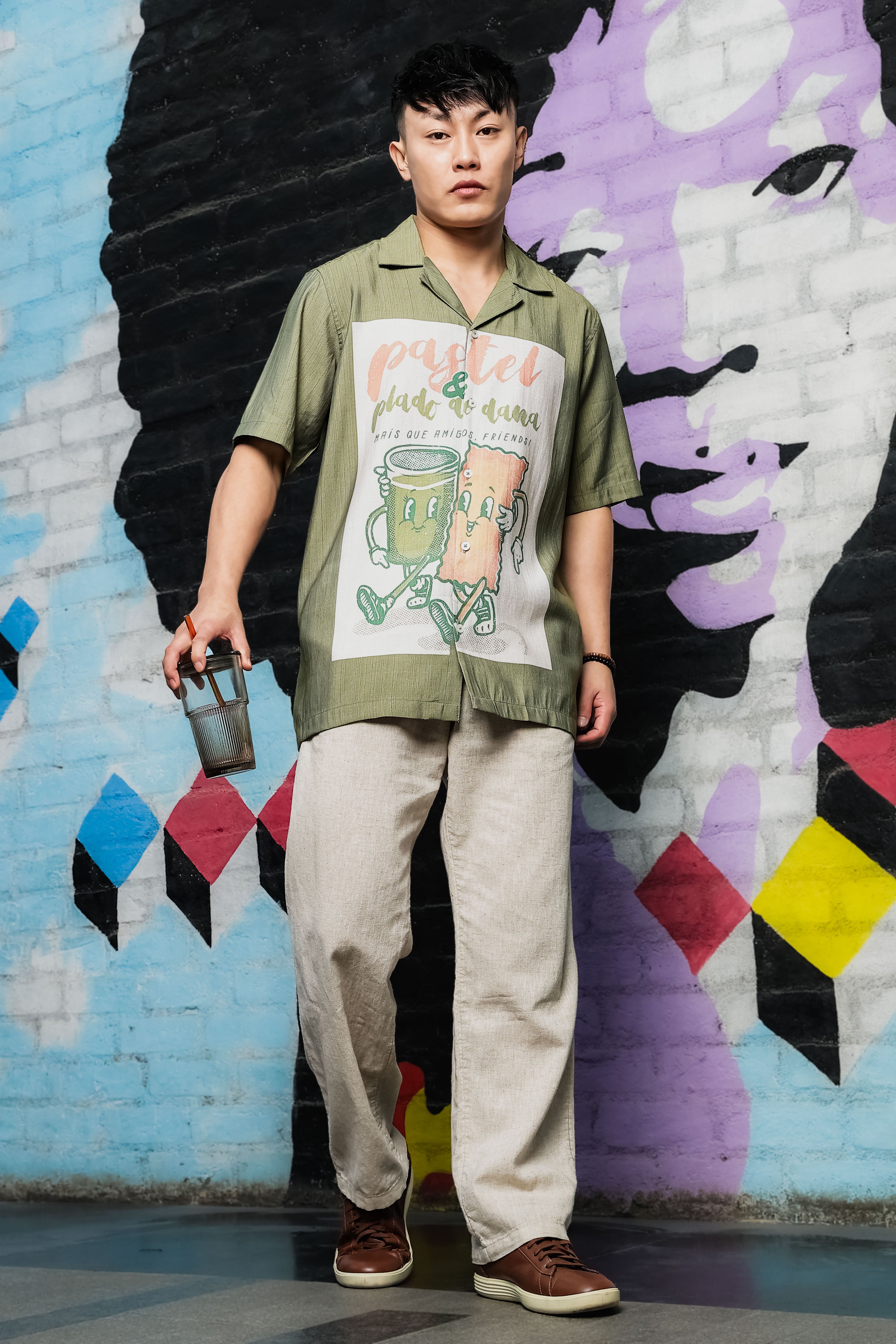 Men Placement Print Olive Classic Relaxed Fit Resort Shirt