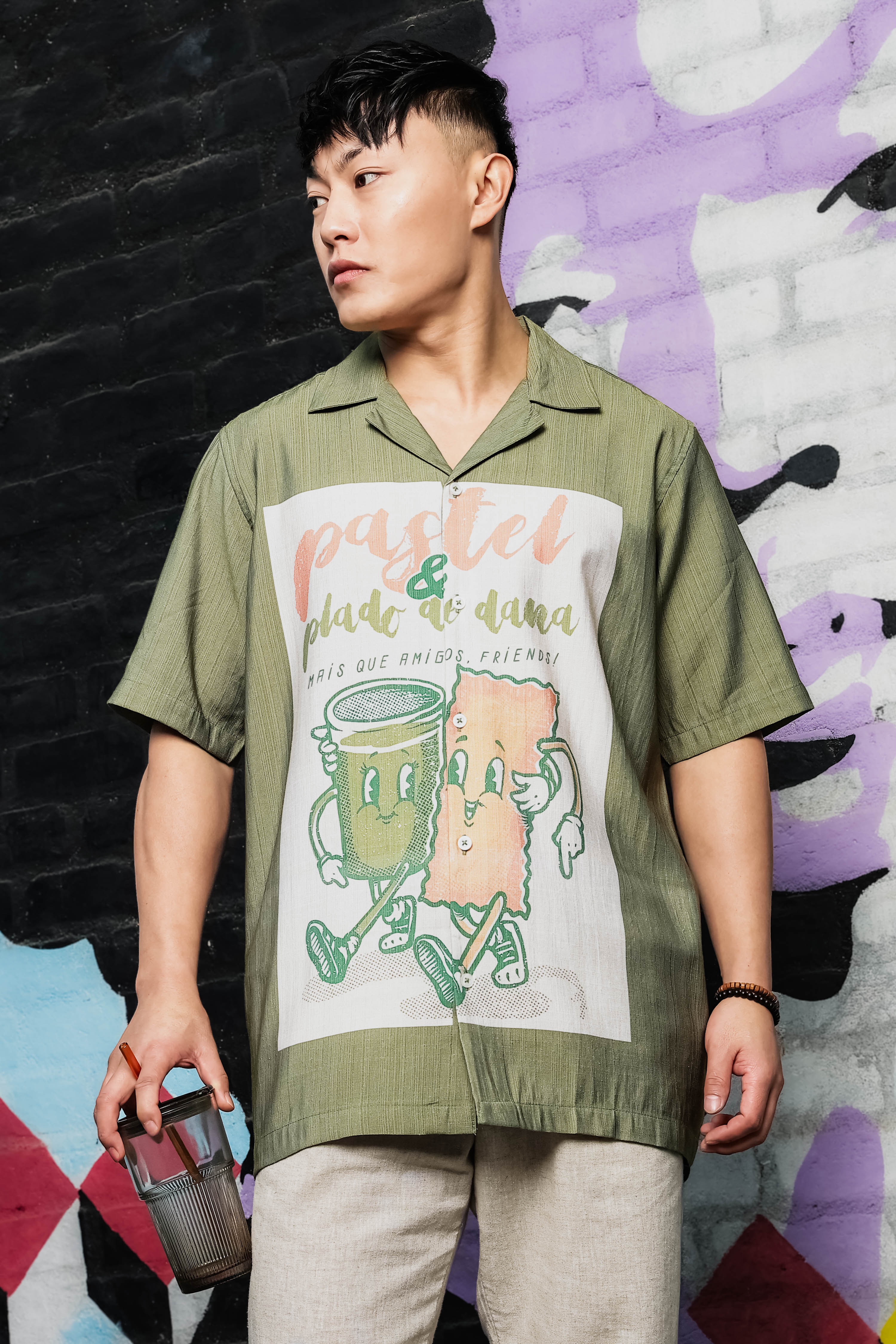 Men Placement Print Olive Classic Relaxed Fit Resort Shirt