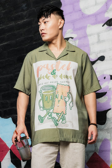 Men Placement Print Olive Classic Relaxed Fit Resort Shirt