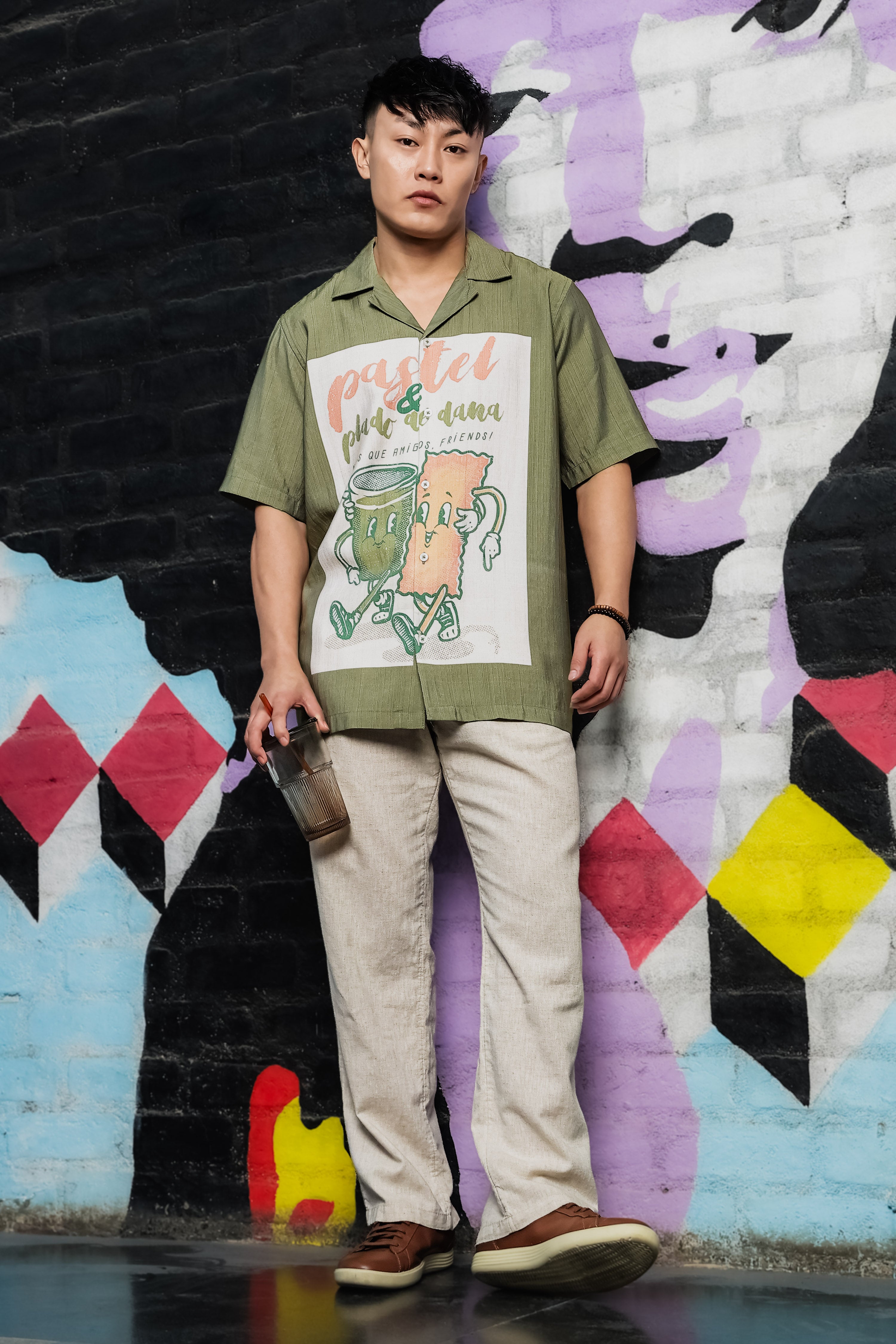 Men Placement Print Olive Classic Relaxed Fit Resort Shirt