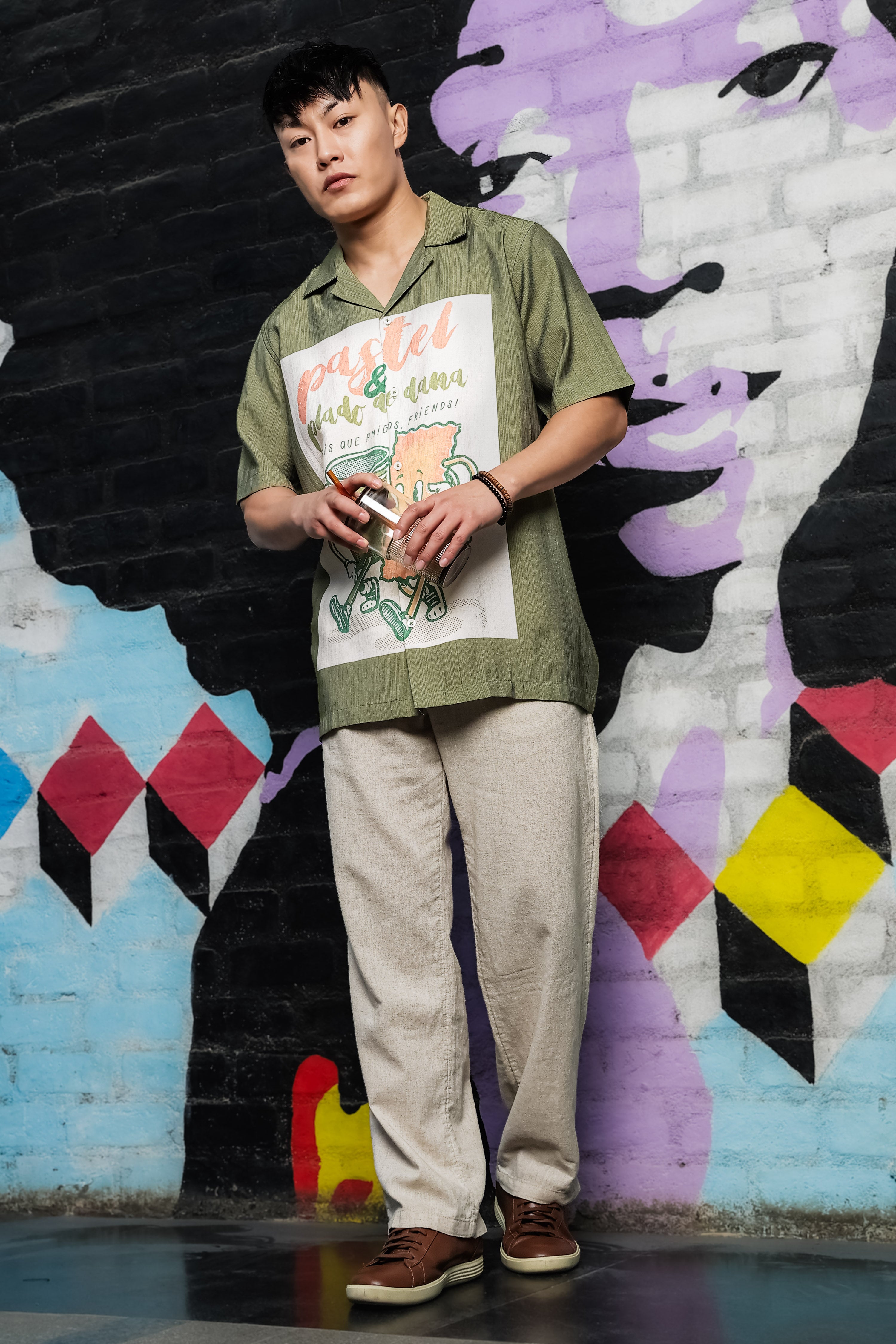 Men Placement Print Olive Classic Relaxed Fit Resort Shirt