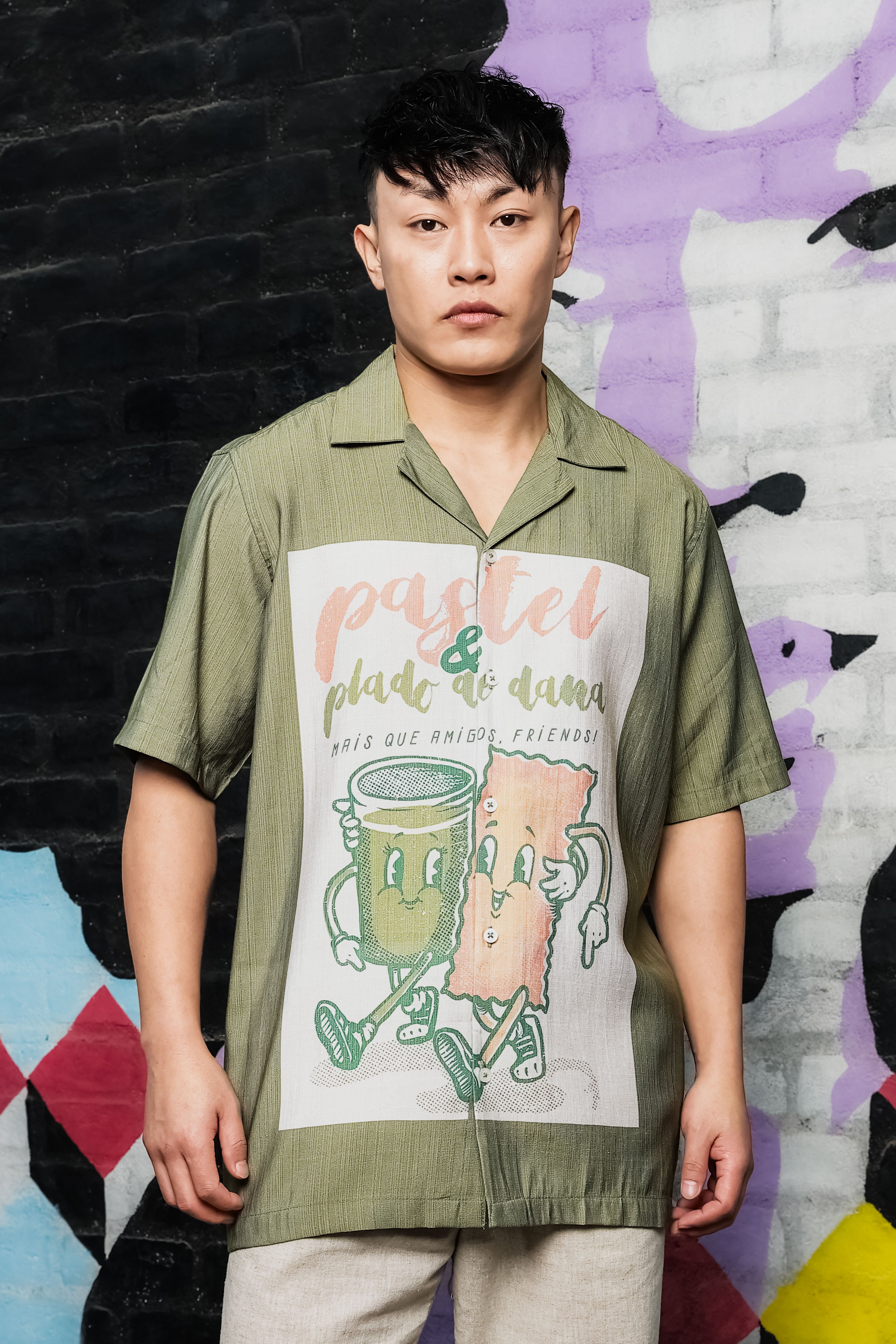 Men Placement Print Olive Classic Relaxed Fit Resort Shirt