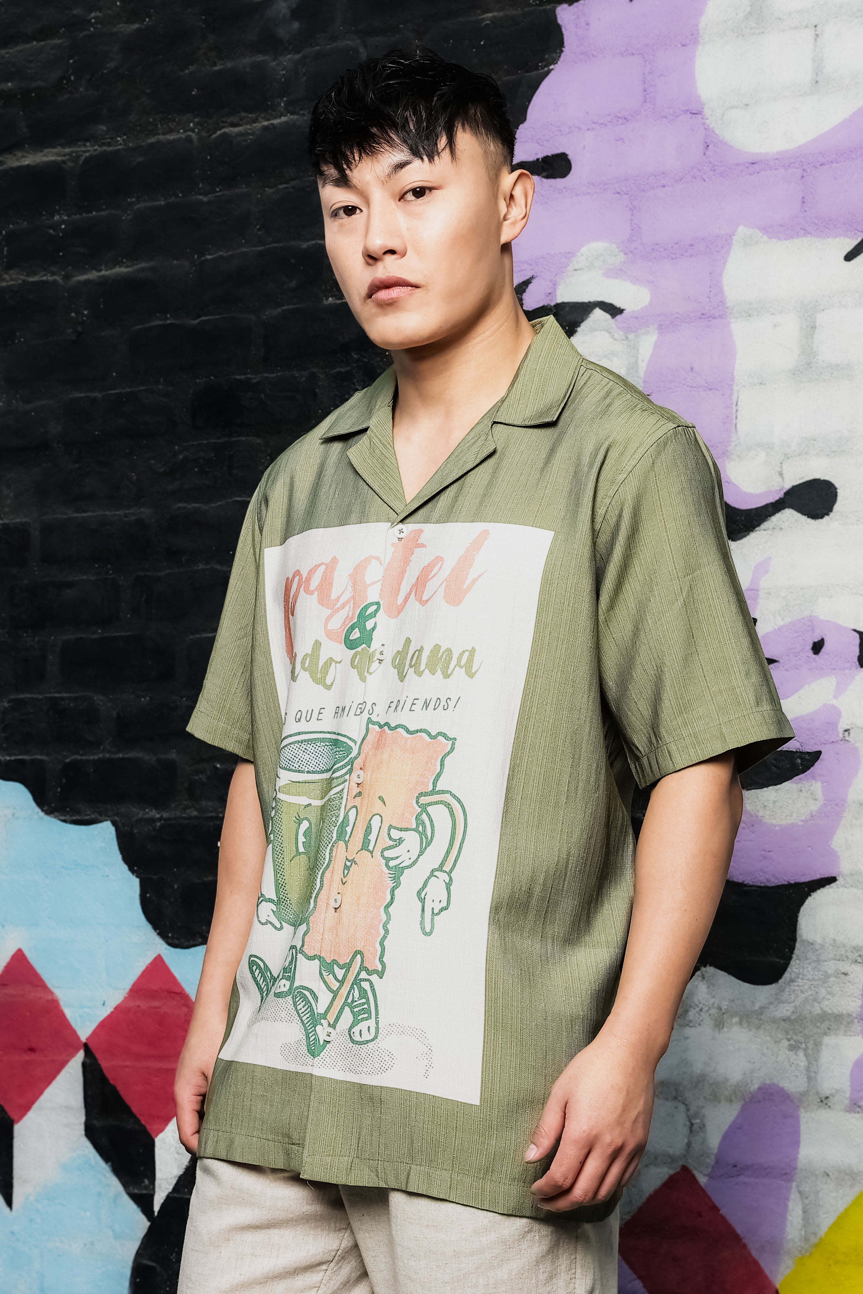 Men Placement Print Olive Classic Relaxed Fit Resort Shirt