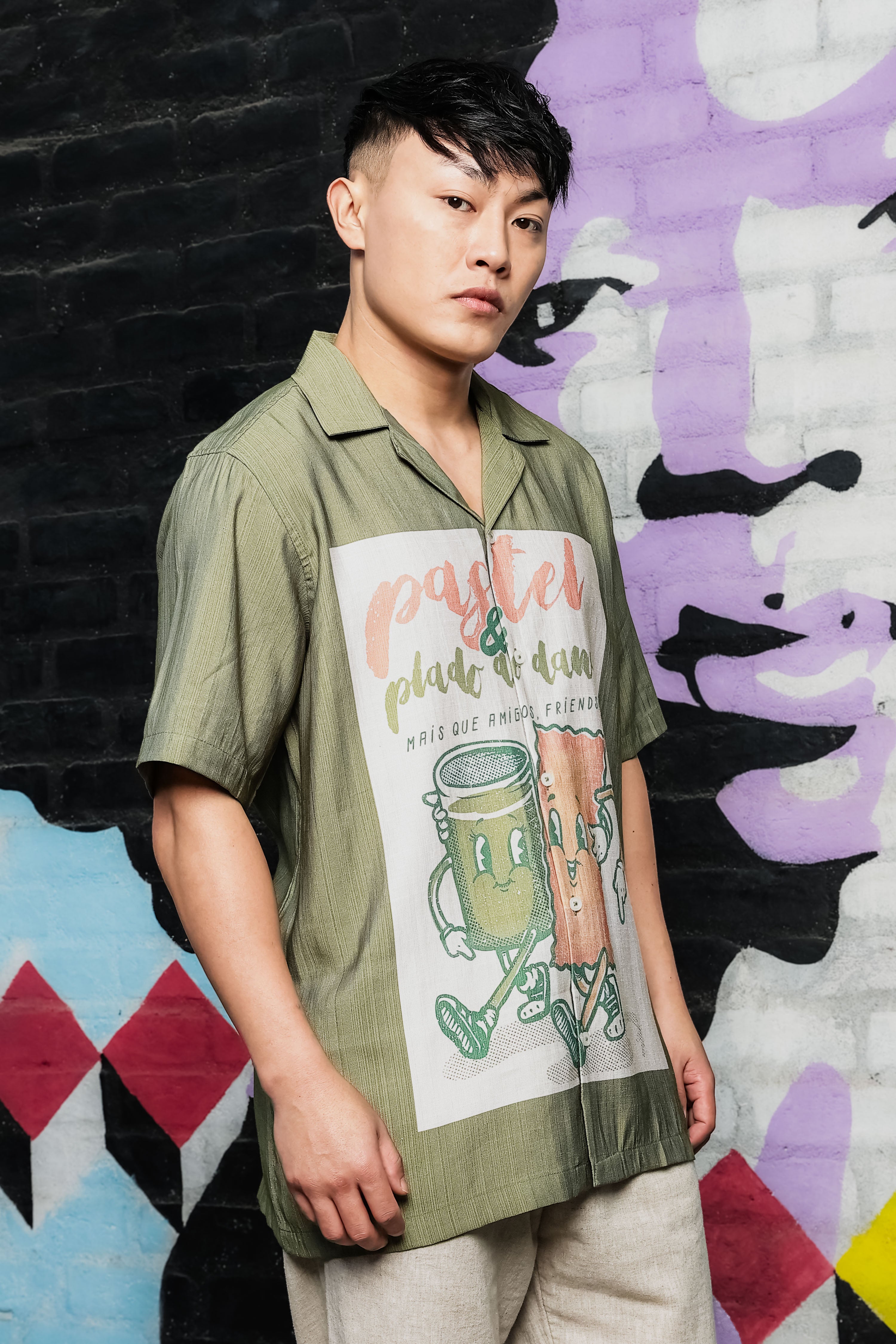 Men Placement Print Olive Classic Relaxed Fit Resort Shirt