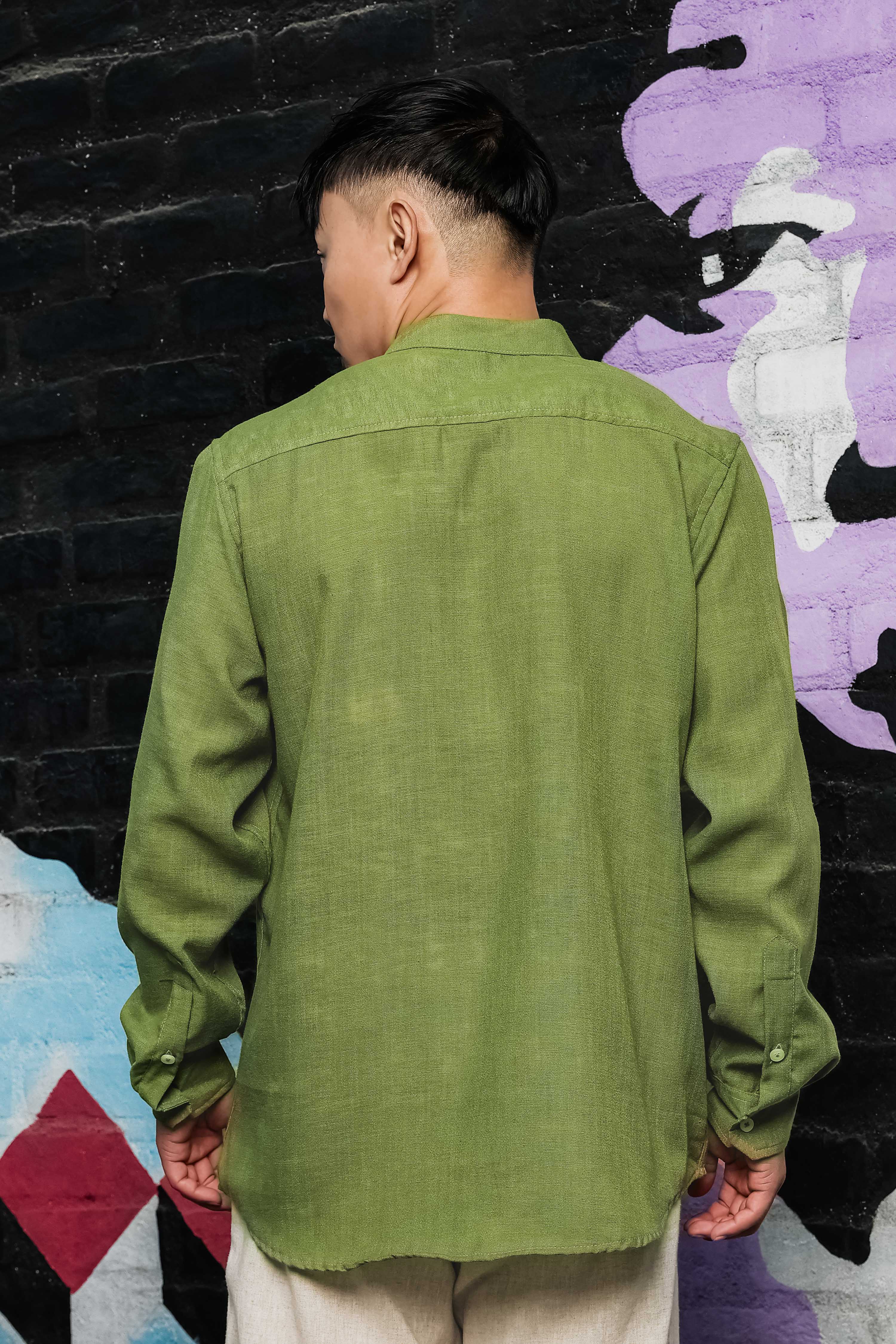 Linen Blend Olive Matcha Mandarin Collar Relaxed Fit Shirt