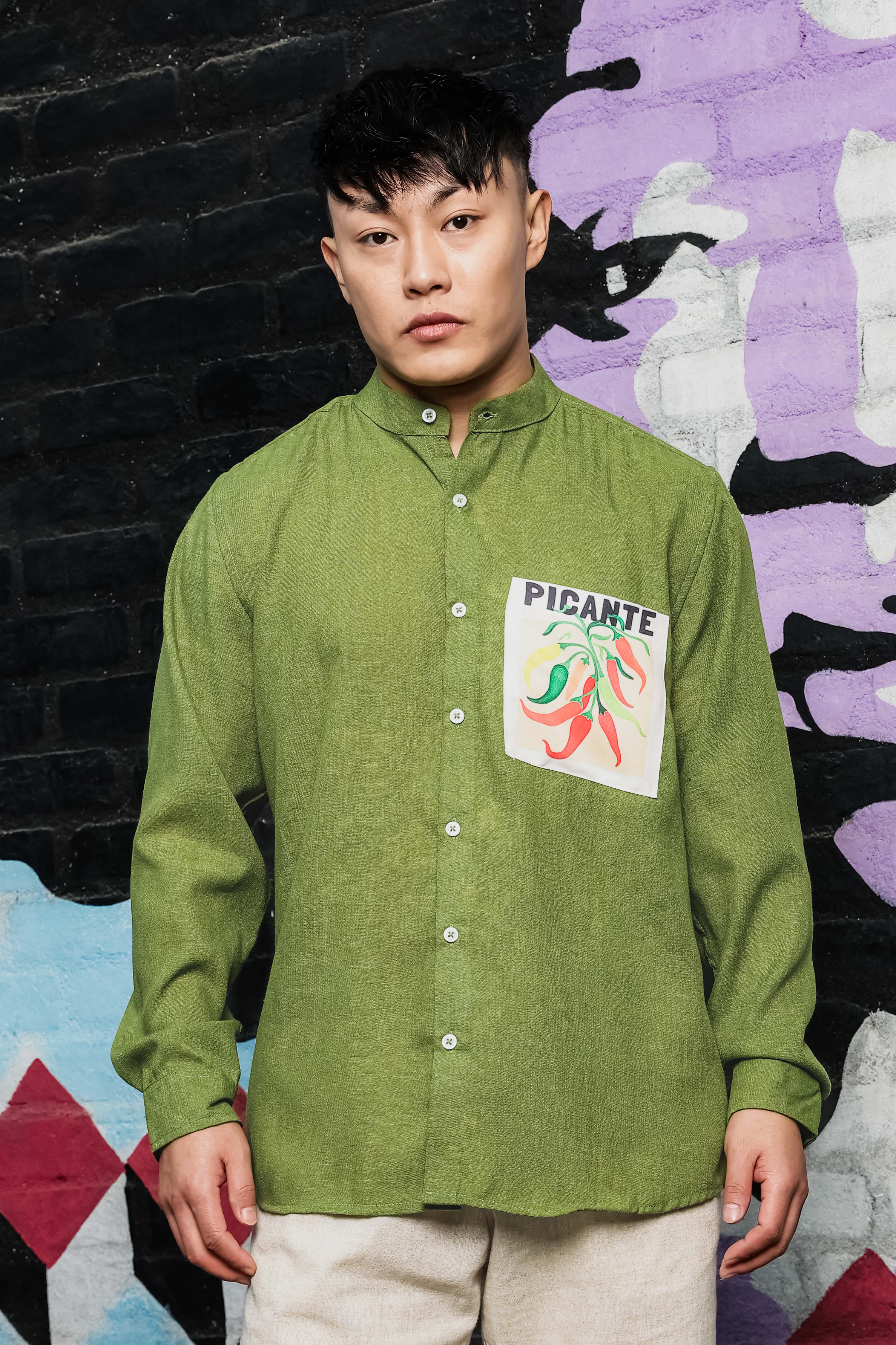 Linen Blend Olive Matcha Mandarin Collar Relaxed Fit Shirt