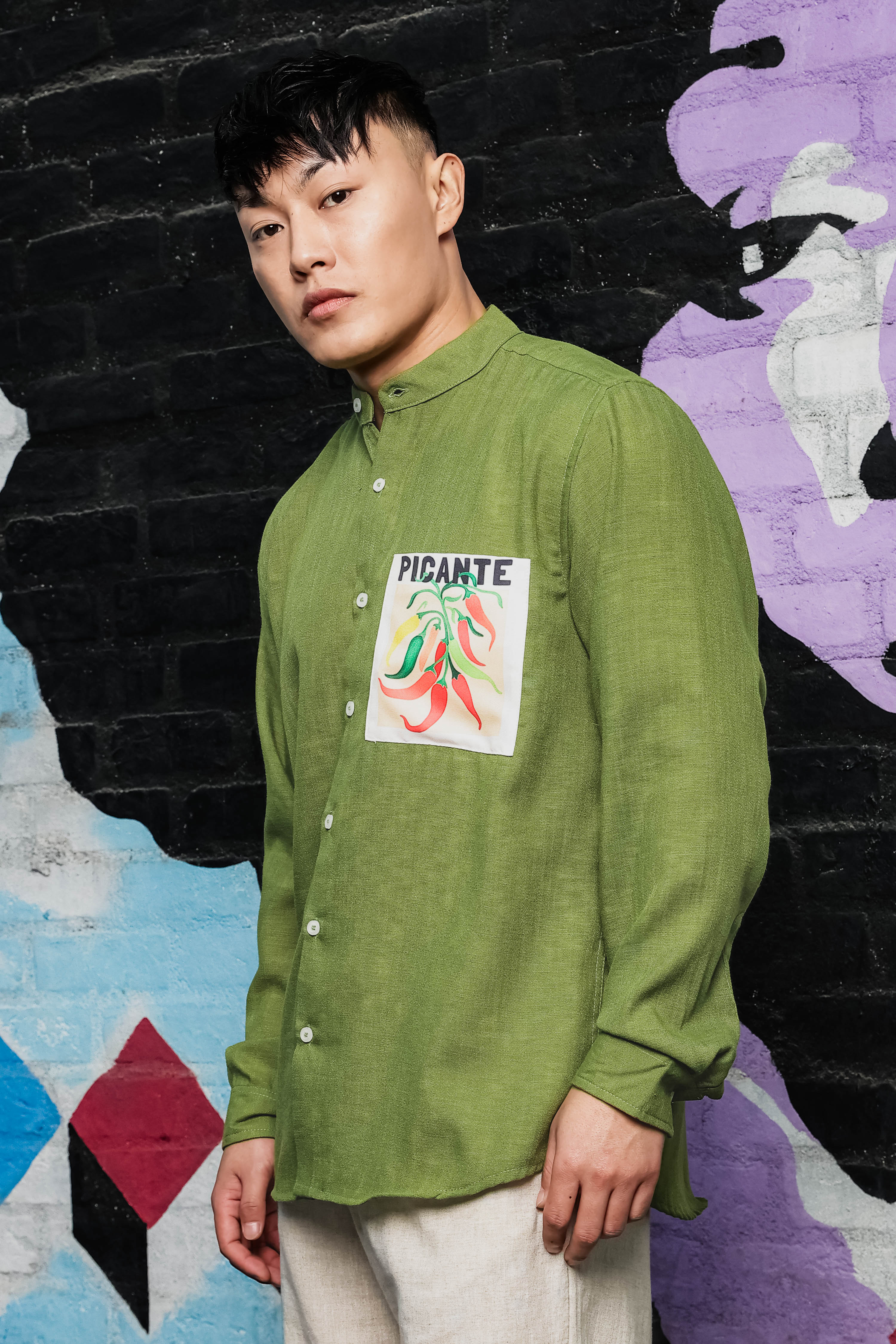 Olive-Matcha Linen Blend Casual Relaxed Fit Mandarin Collar Shirt & All Day Pants Co-Ord Set