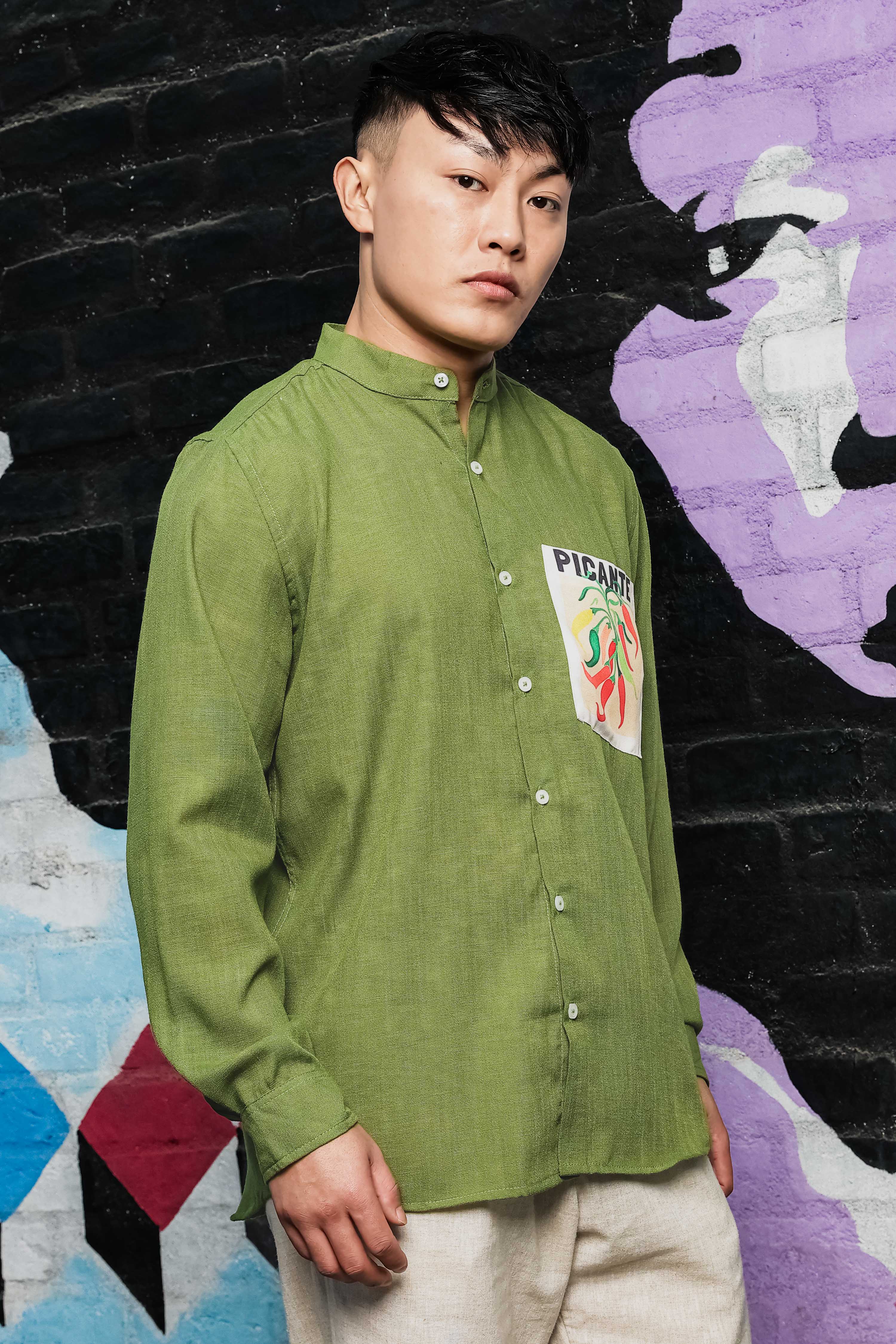 Linen Blend Olive Matcha Mandarin Collar Relaxed Fit Shirt