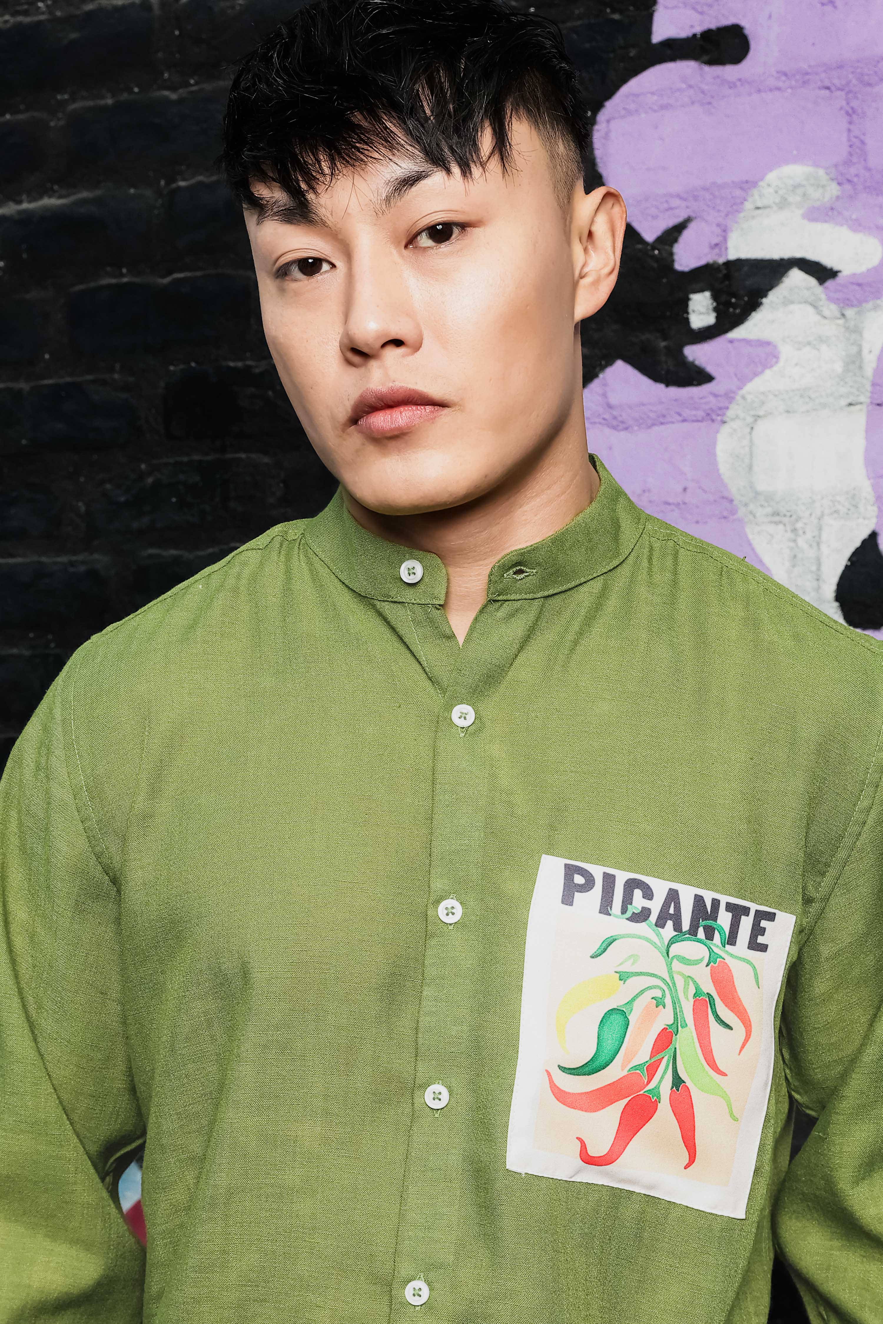 Linen Blend Olive Matcha Mandarin Collar Relaxed Fit Shirt