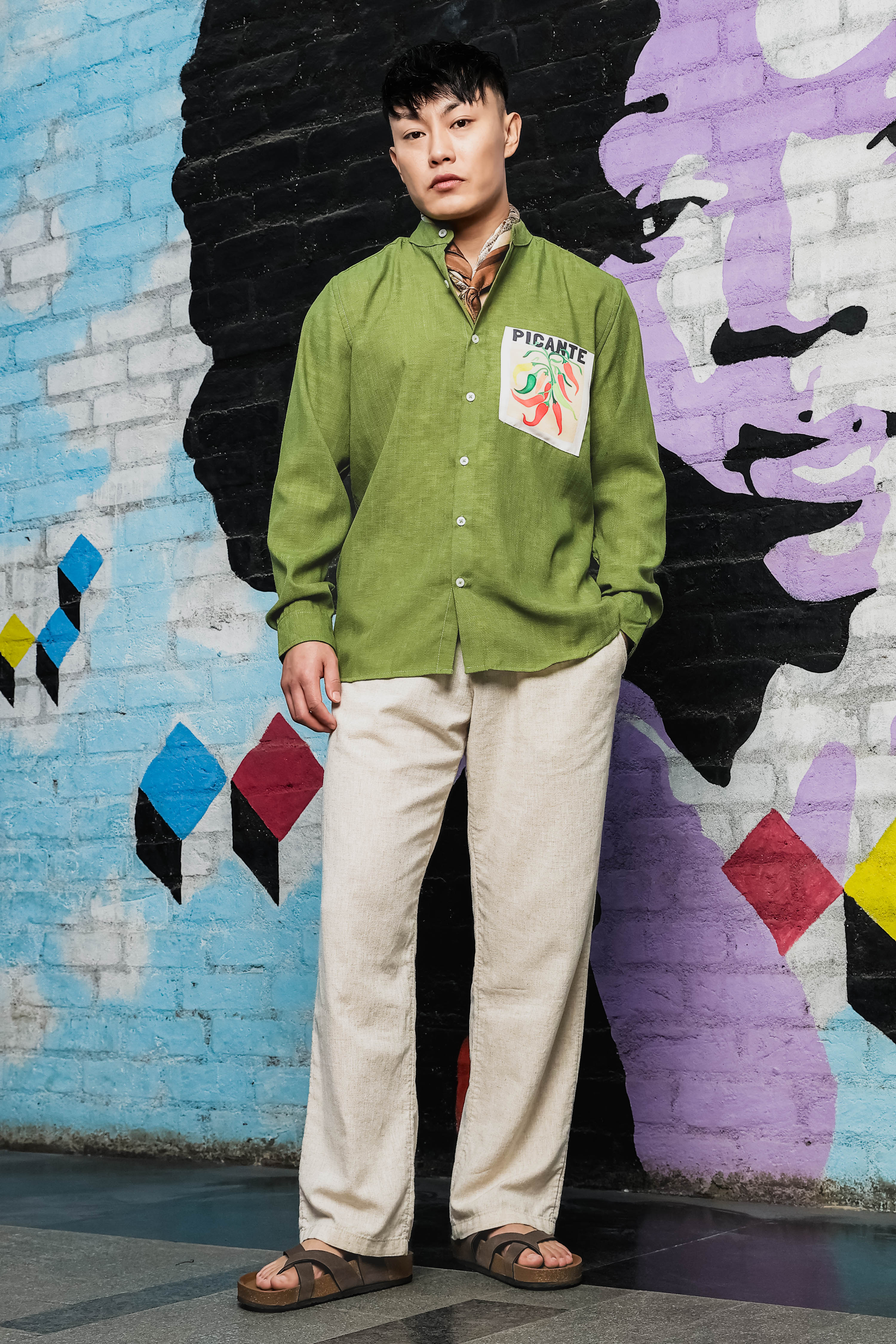 Linen Blend Olive Matcha Mandarin Collar Relaxed Fit Shirt