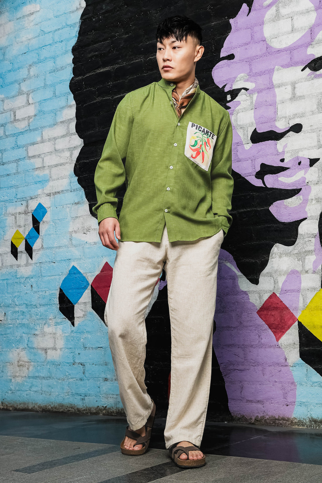 Linen Blend Olive Matcha Mandarin Collar Relaxed Fit Shirt