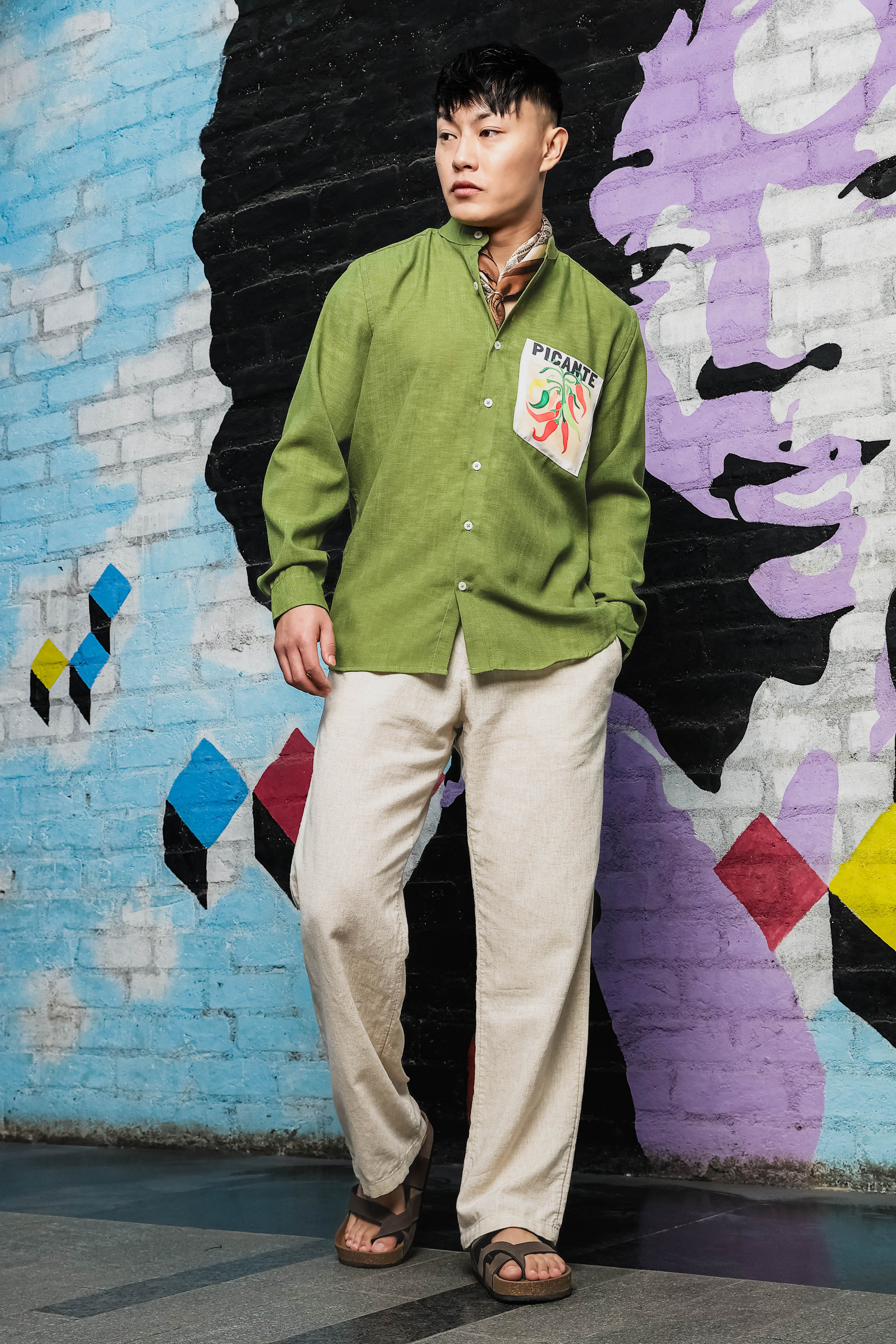 Linen Blend Olive Matcha Mandarin Collar Relaxed Fit Shirt