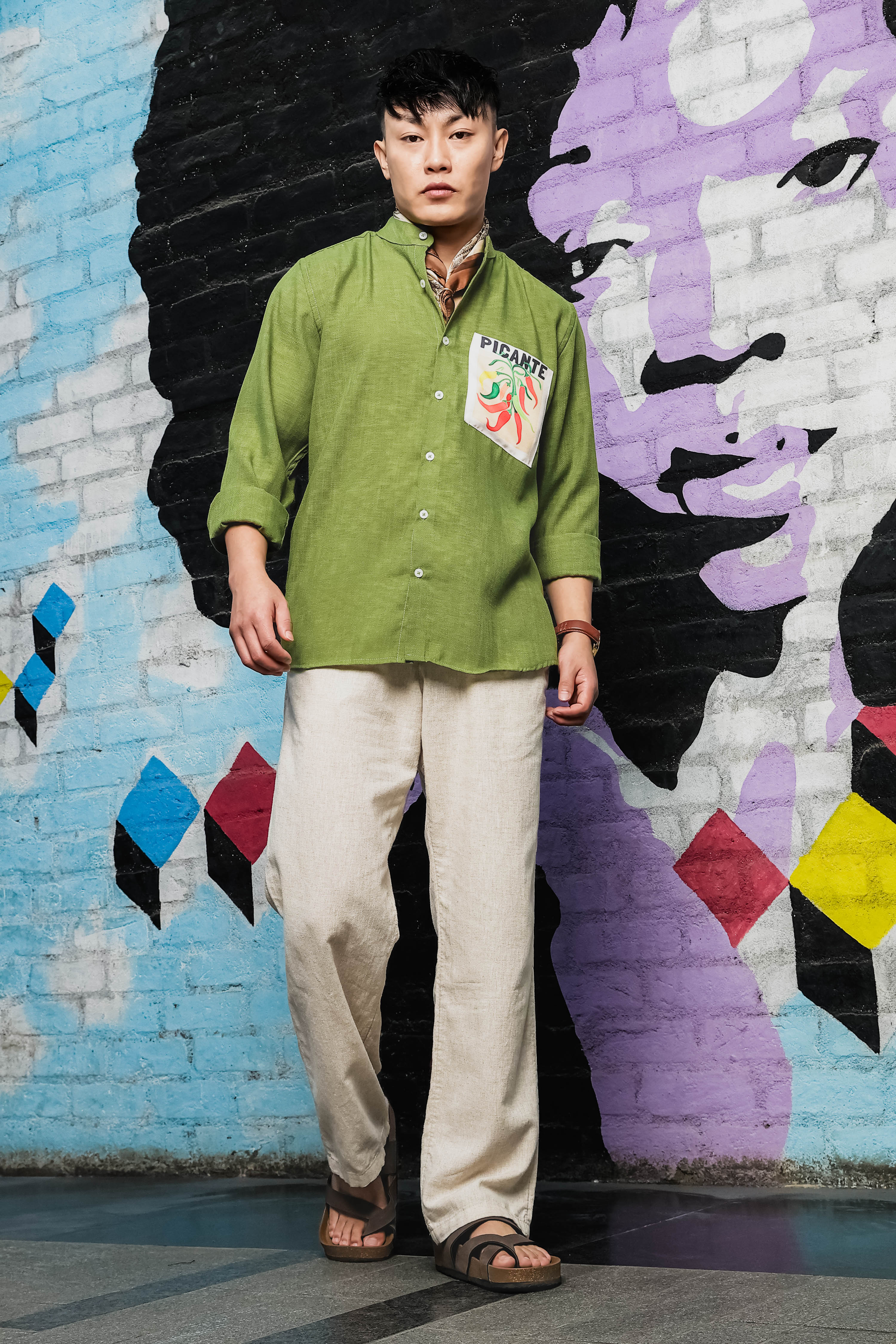 Linen Blend Olive Matcha Mandarin Collar Relaxed Fit Shirt