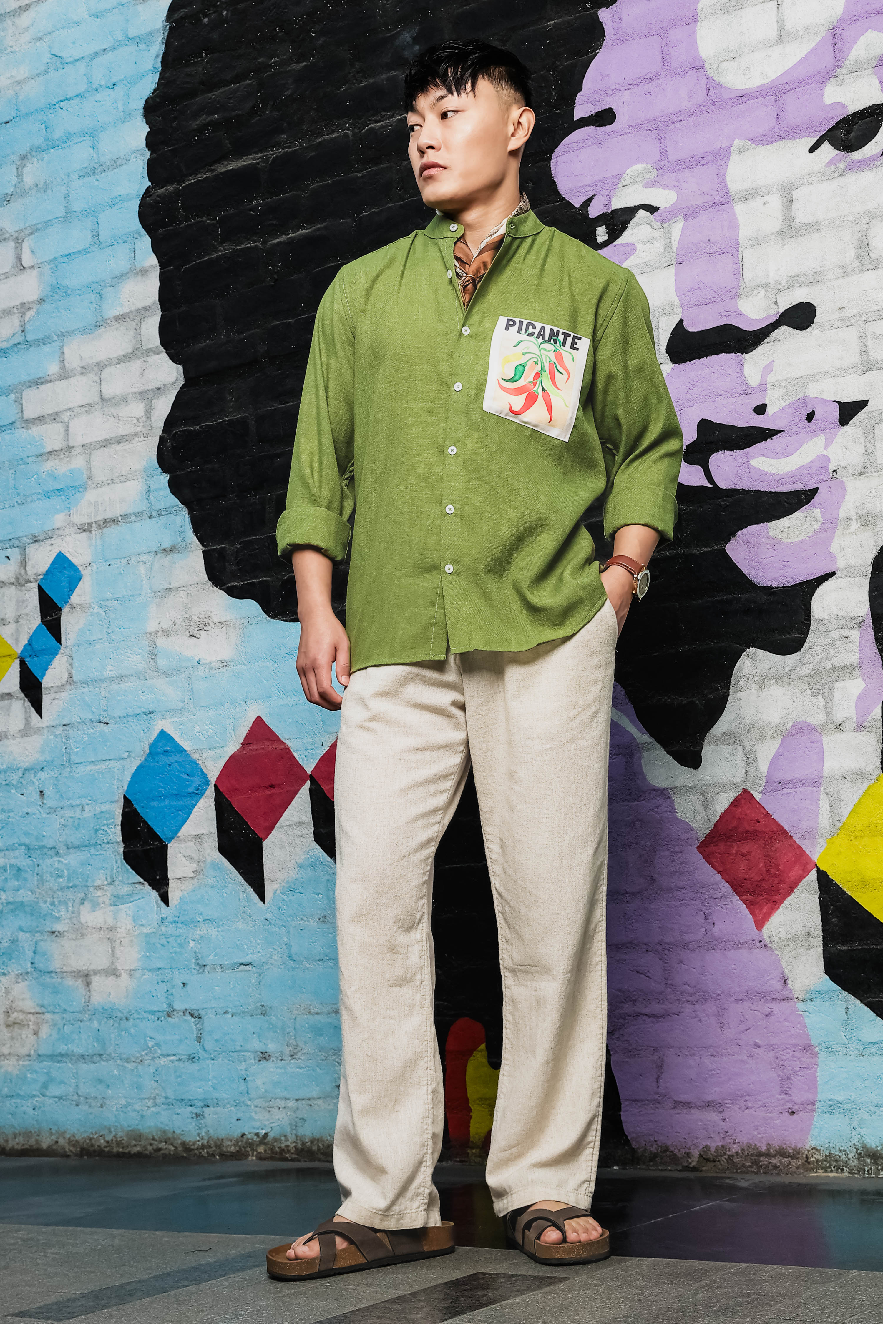 Linen Blend Olive Matcha Mandarin Collar Relaxed Fit Shirt