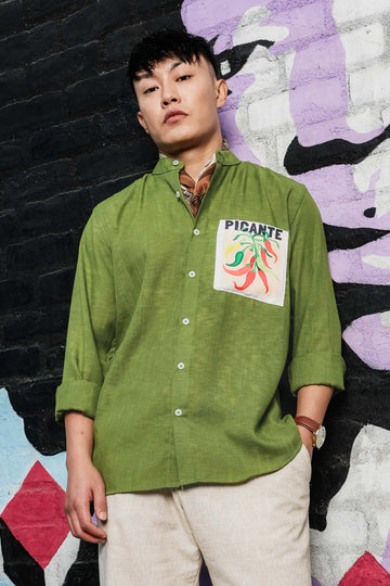 Linen Blend Olive Matcha Mandarin Collar Relaxed Fit Shirt