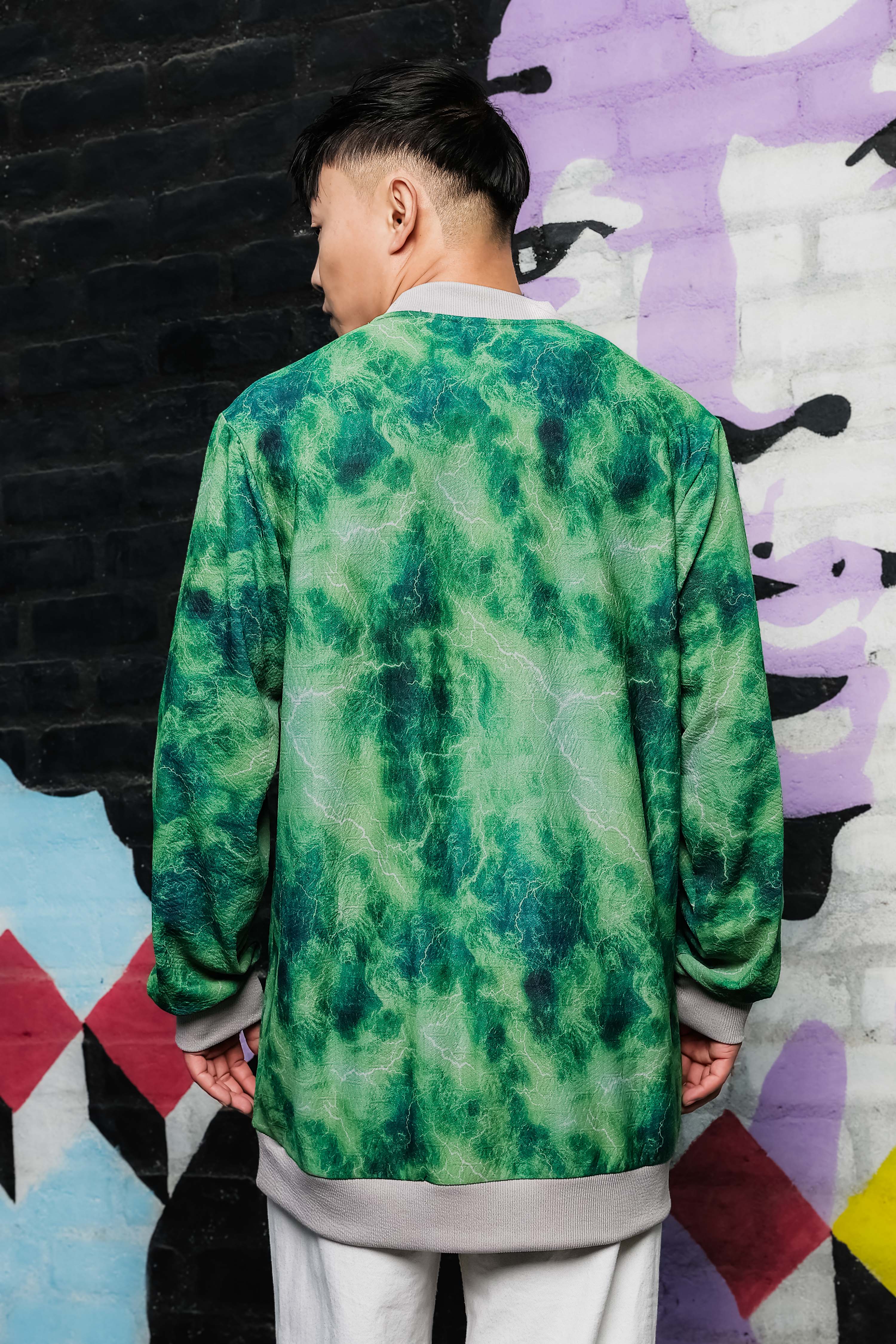 Grey & Green Abstract Printed Drop-Shoulder Relaxed Fit Pullover Sweatshirt