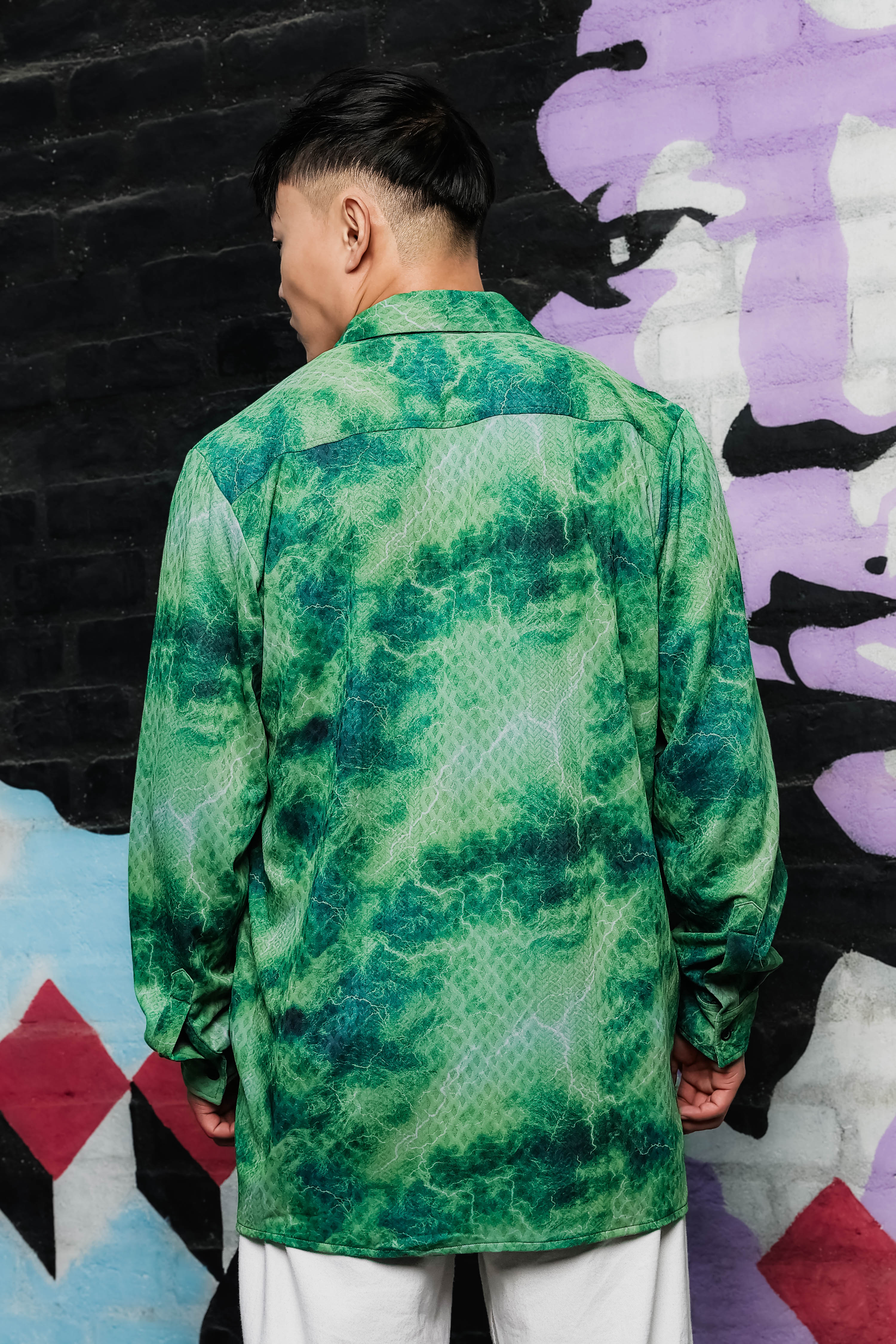 Grey & Green Abstract Printed Drop-Shoulder Relaxed Fit Shirt Zipper Shacket