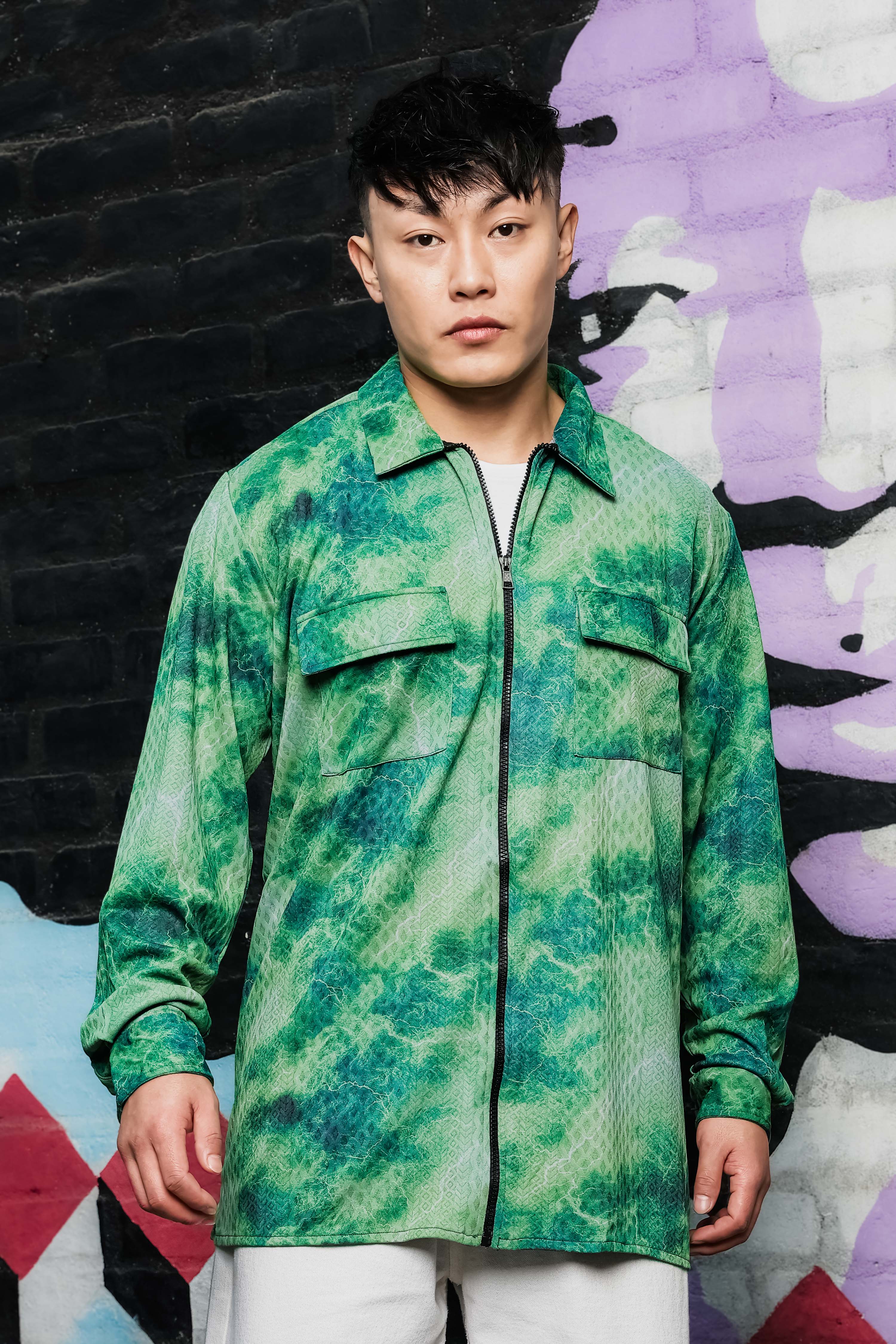 Grey & Green Abstract Printed Drop-Shoulder Relaxed Fit Shirt Zipper Shacket