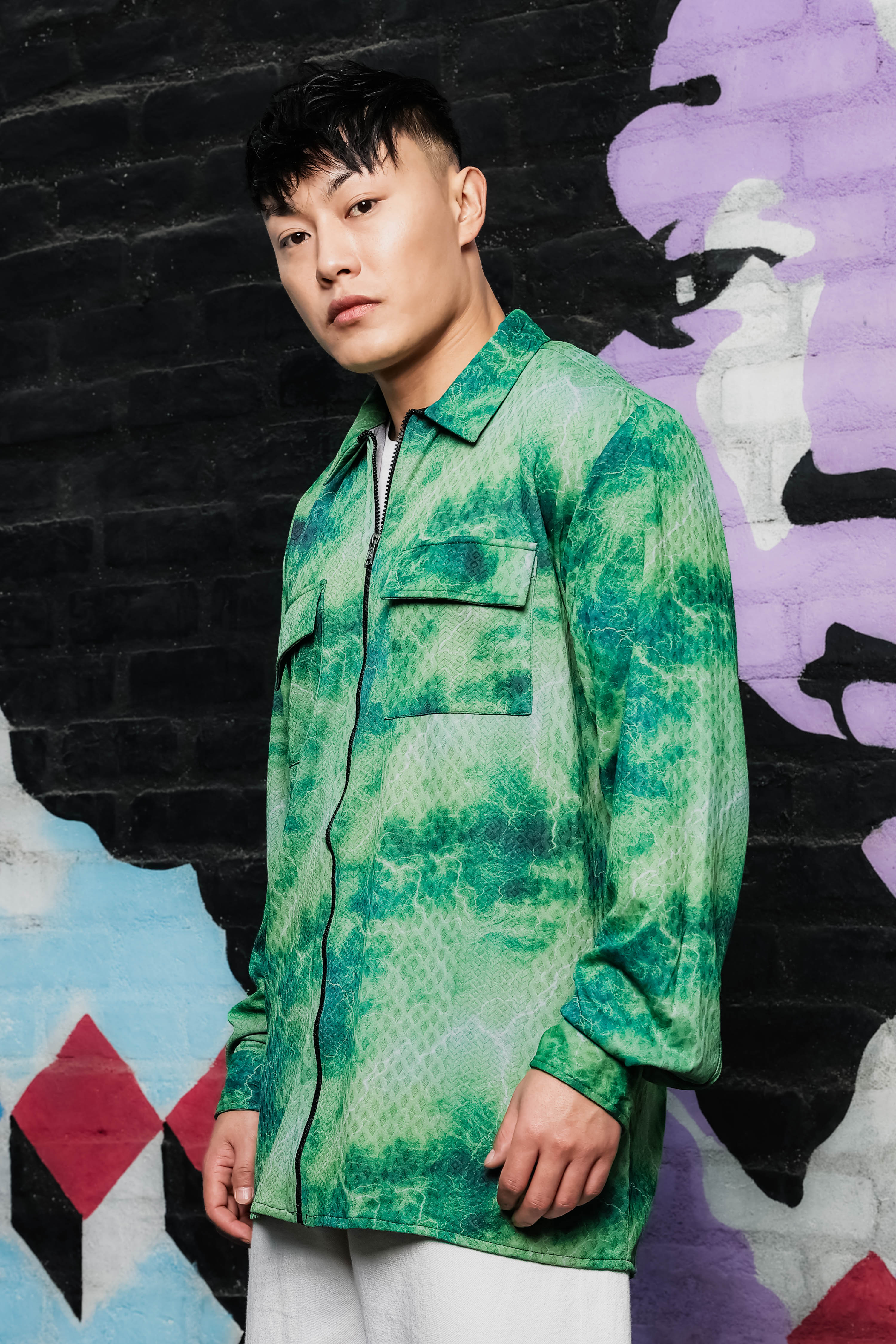 Grey & Green Abstract Printed Drop-Shoulder Relaxed Fit Shirt Zipper Shacket