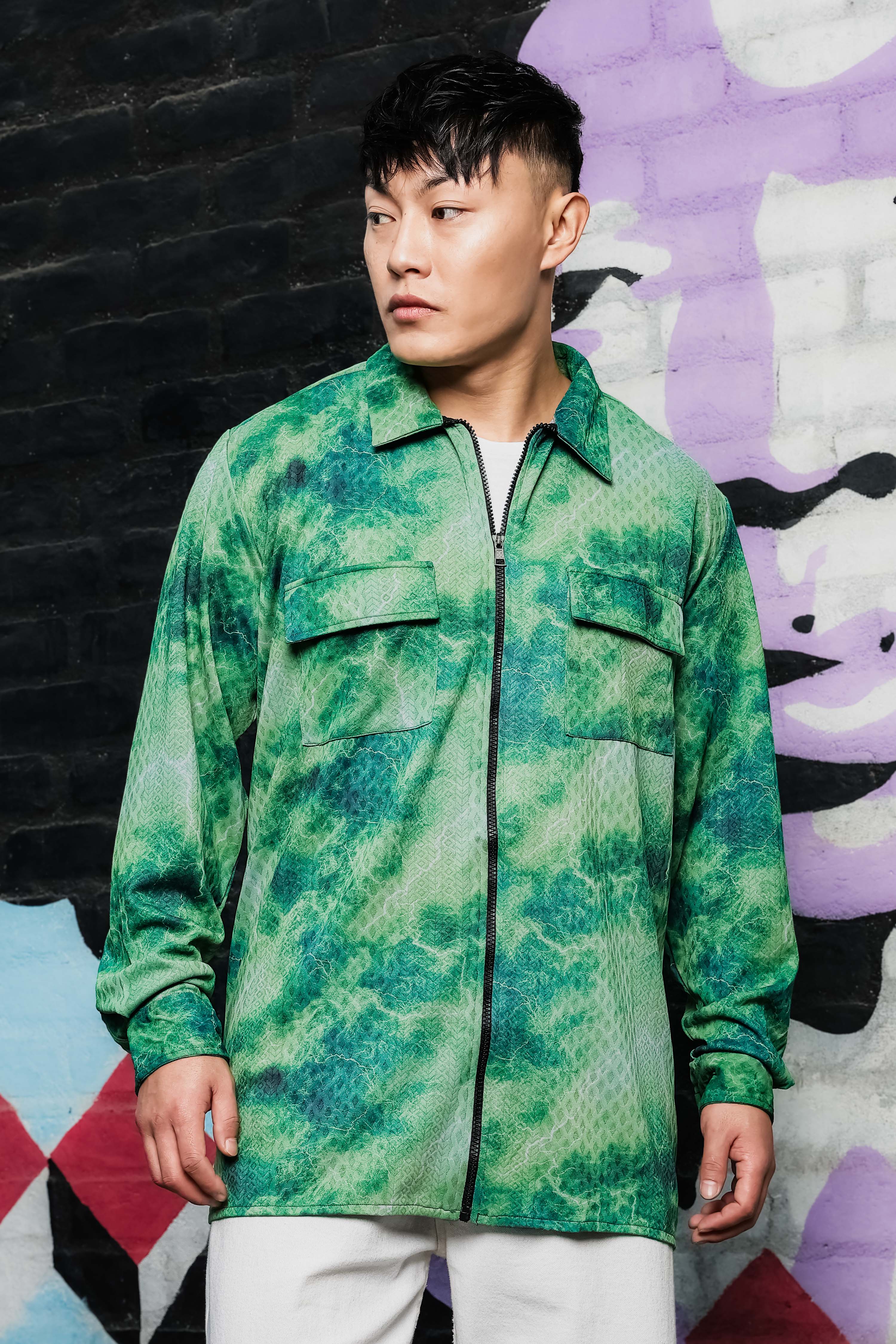 Grey & Green Abstract Printed Drop-Shoulder Relaxed Fit Shirt Zipper Shacket