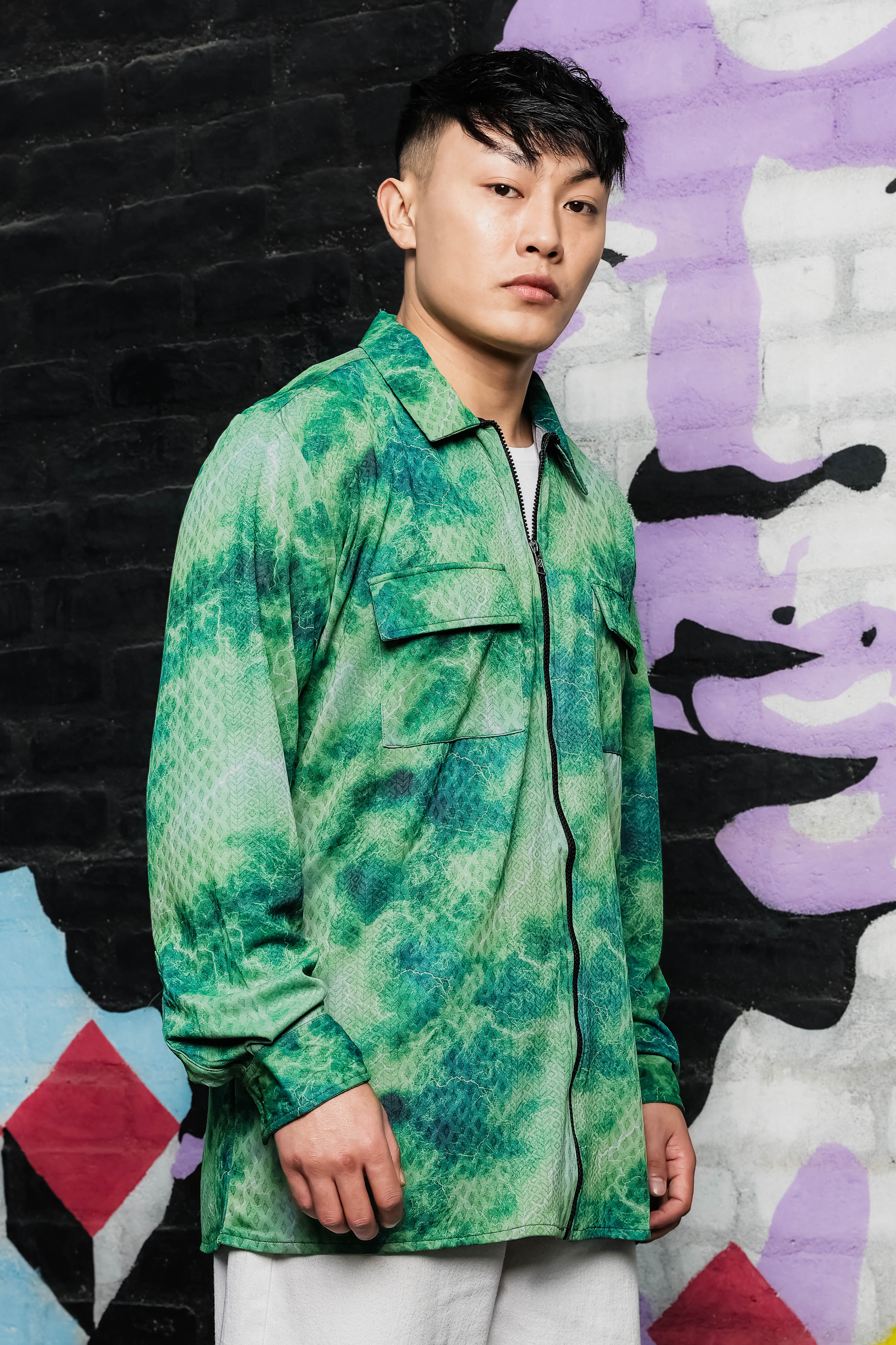 Grey & Green Abstract Printed Drop-Shoulder Relaxed Fit Shirt Zipper Shacket