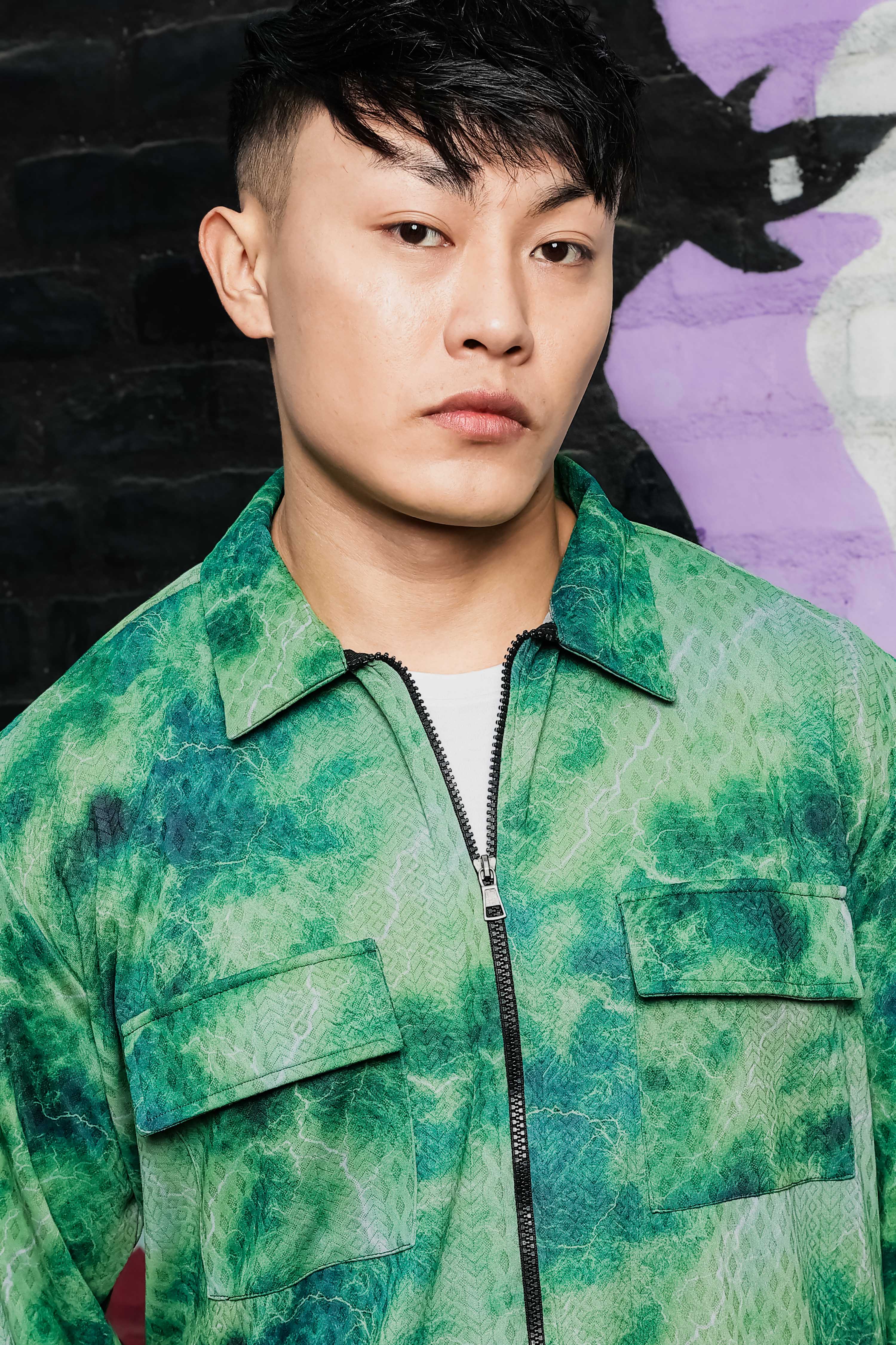 Grey & Green Abstract Printed Drop-Shoulder Relaxed Fit Shirt Zipper Shacket