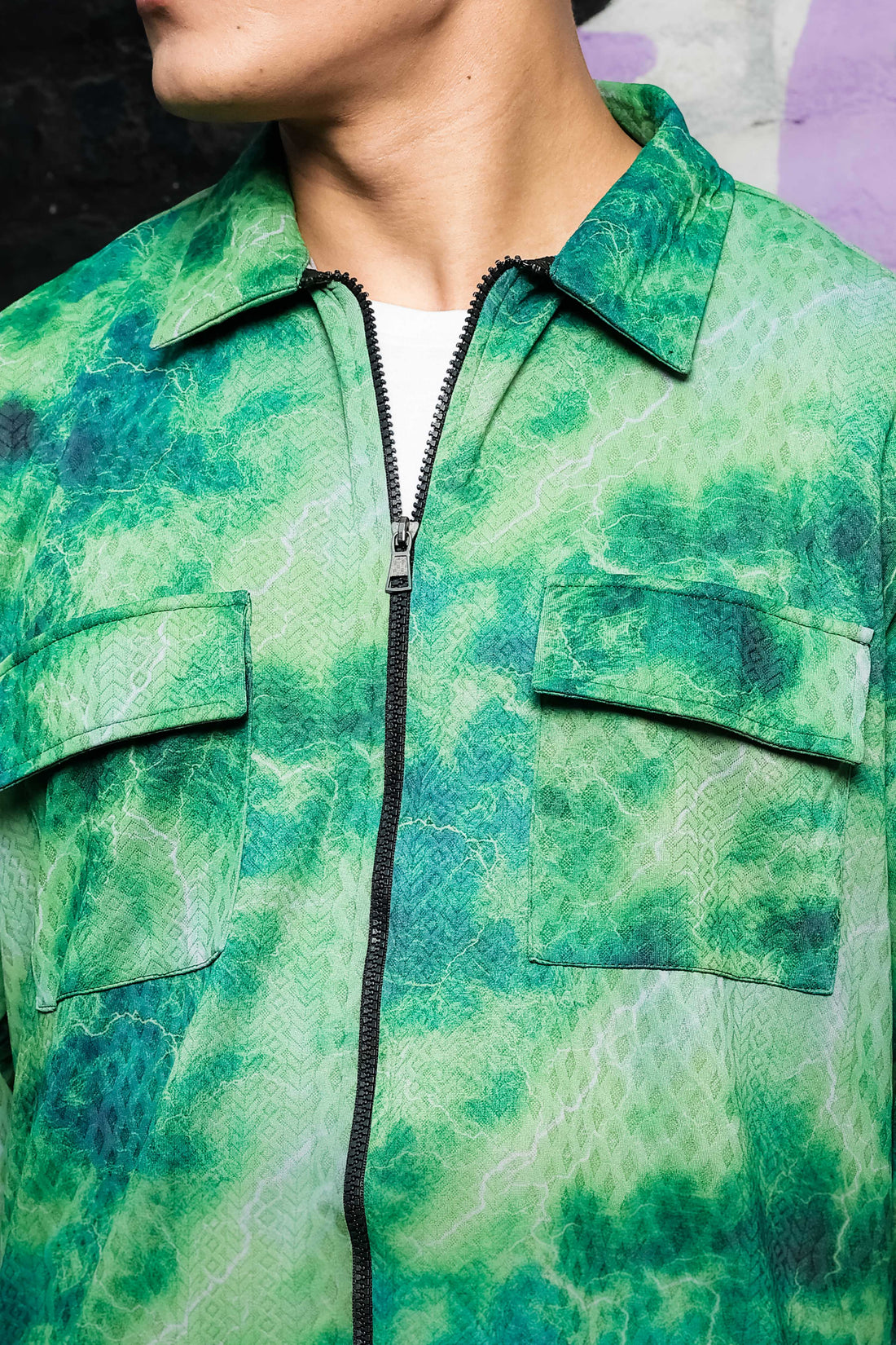 Grey & Green Abstract Printed Drop-Shoulder Relaxed Fit Shirt Zipper Shacket
