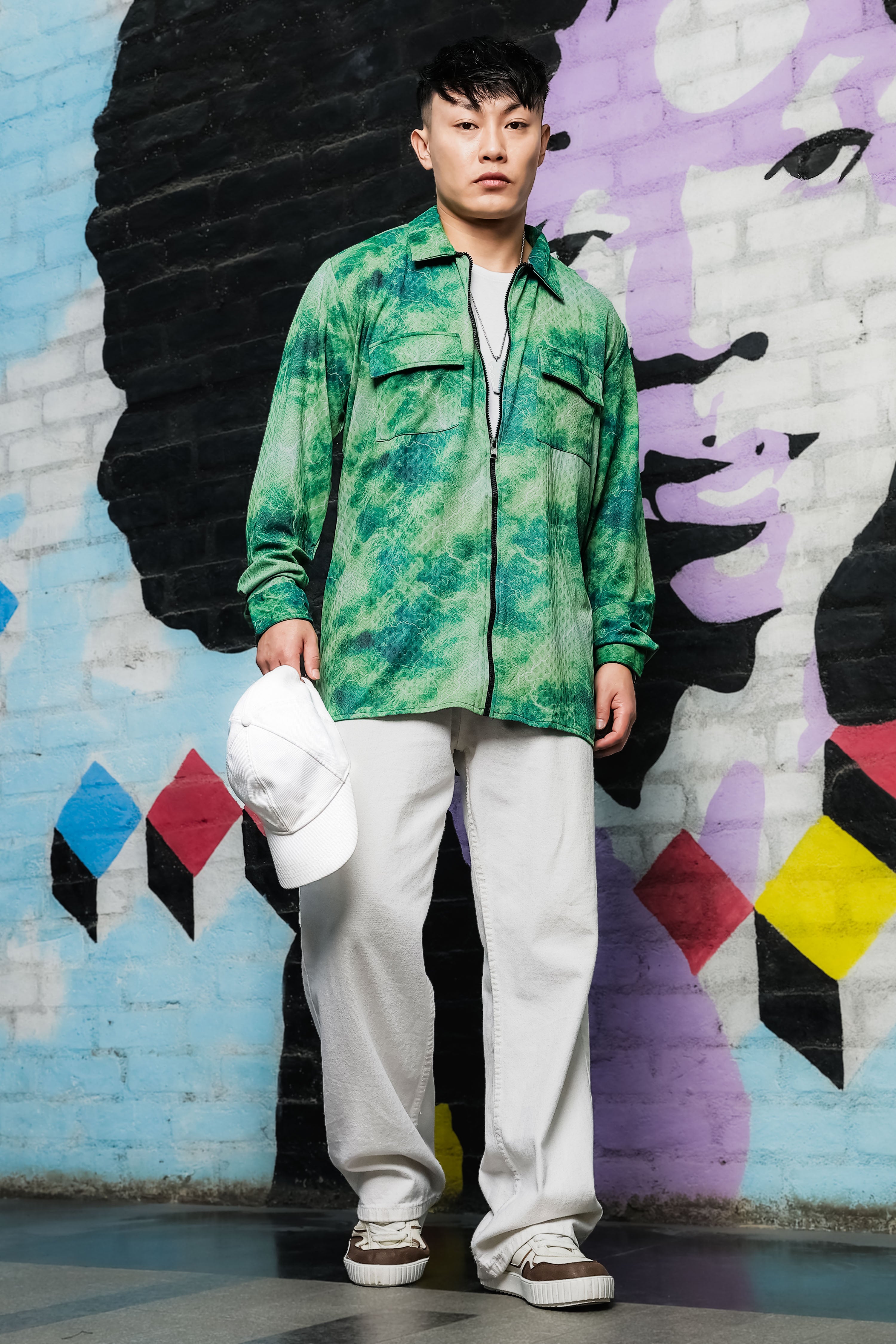 Grey & Green Abstract Printed Drop-Shoulder Relaxed Fit Shirt Zipper Shacket