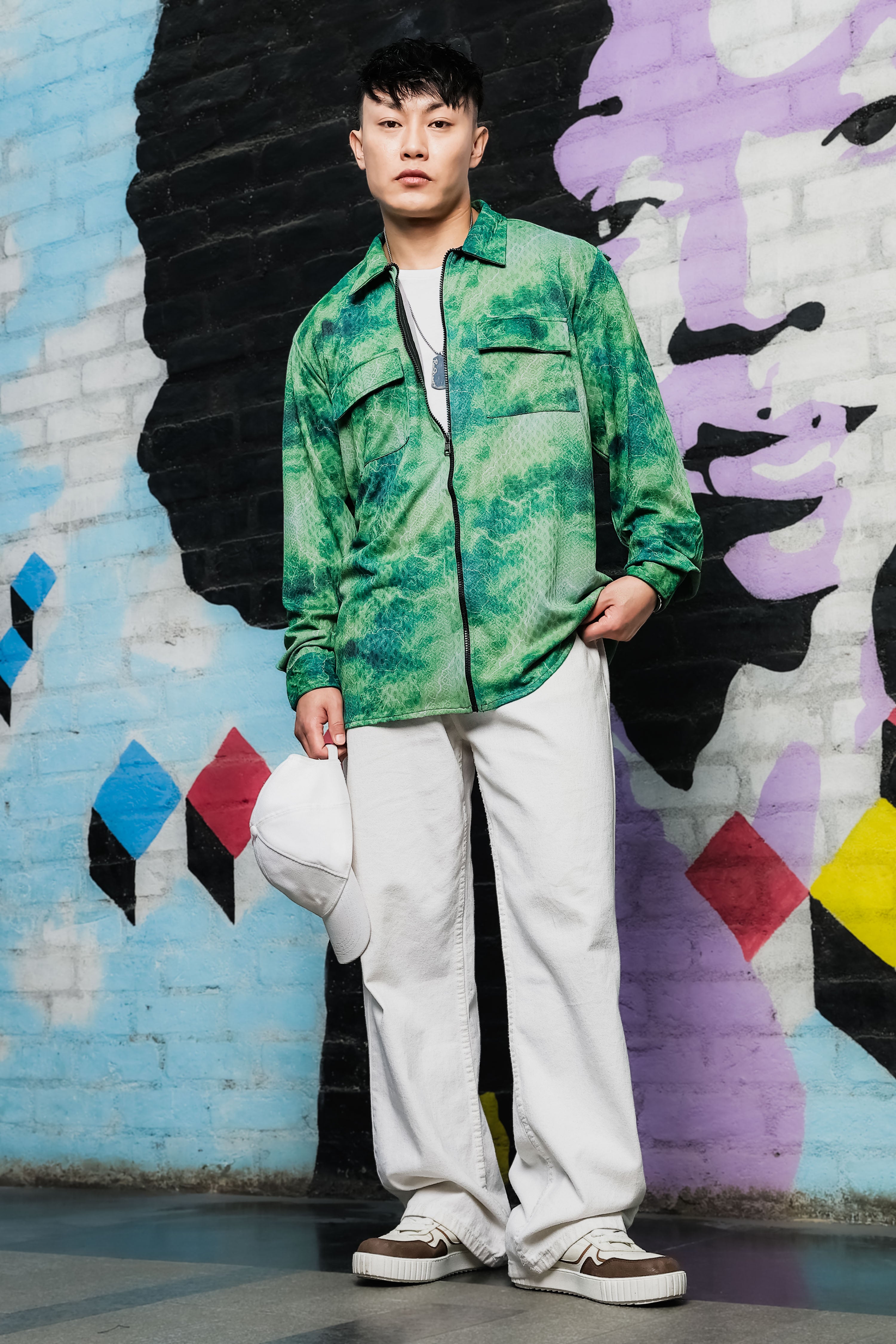 Grey & Green Abstract Printed Drop-Shoulder Relaxed Fit Shirt Zipper Shacket