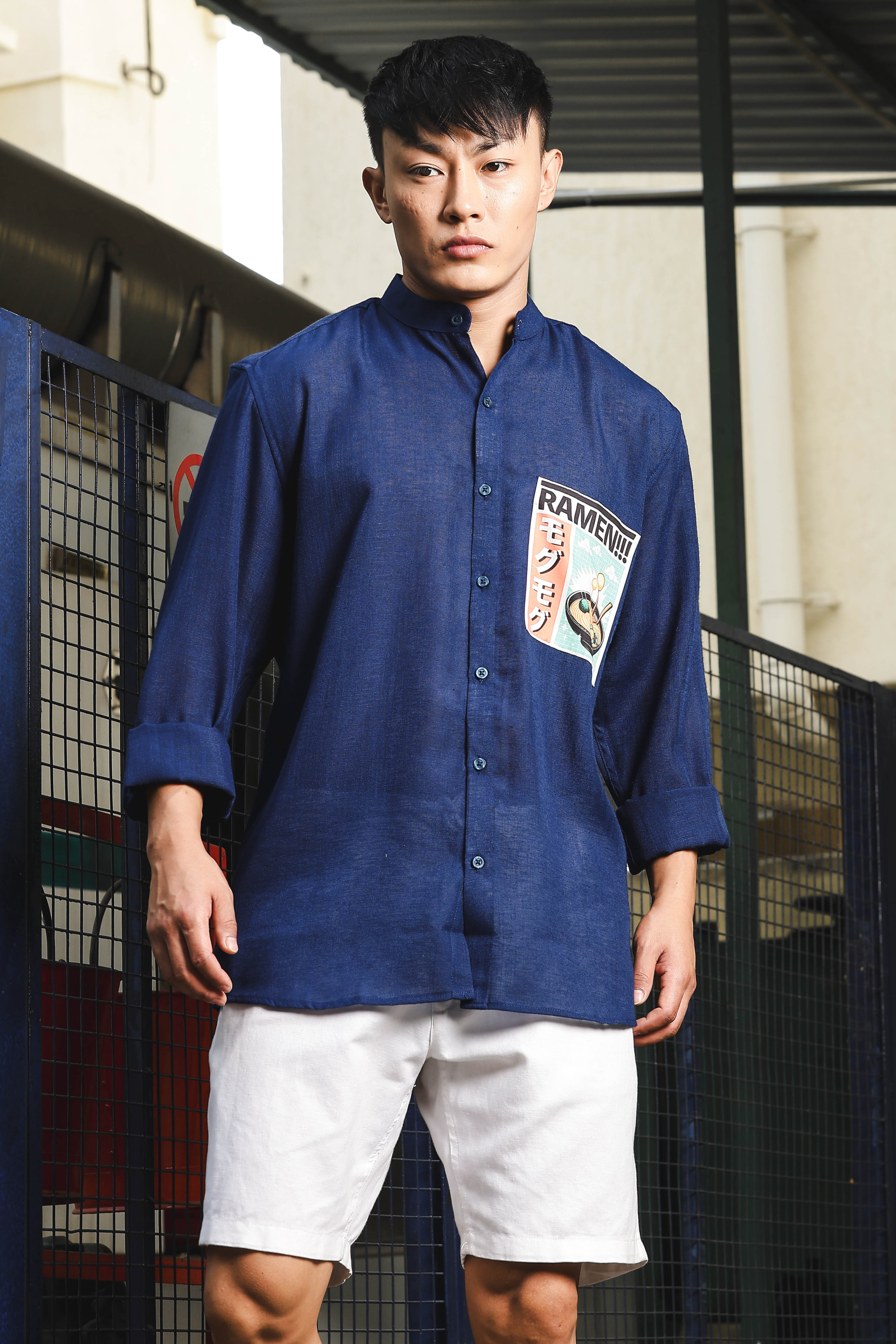 Linen Blend Blue Mandarin Collar Relaxed Fit Shirt with Applique Pocket