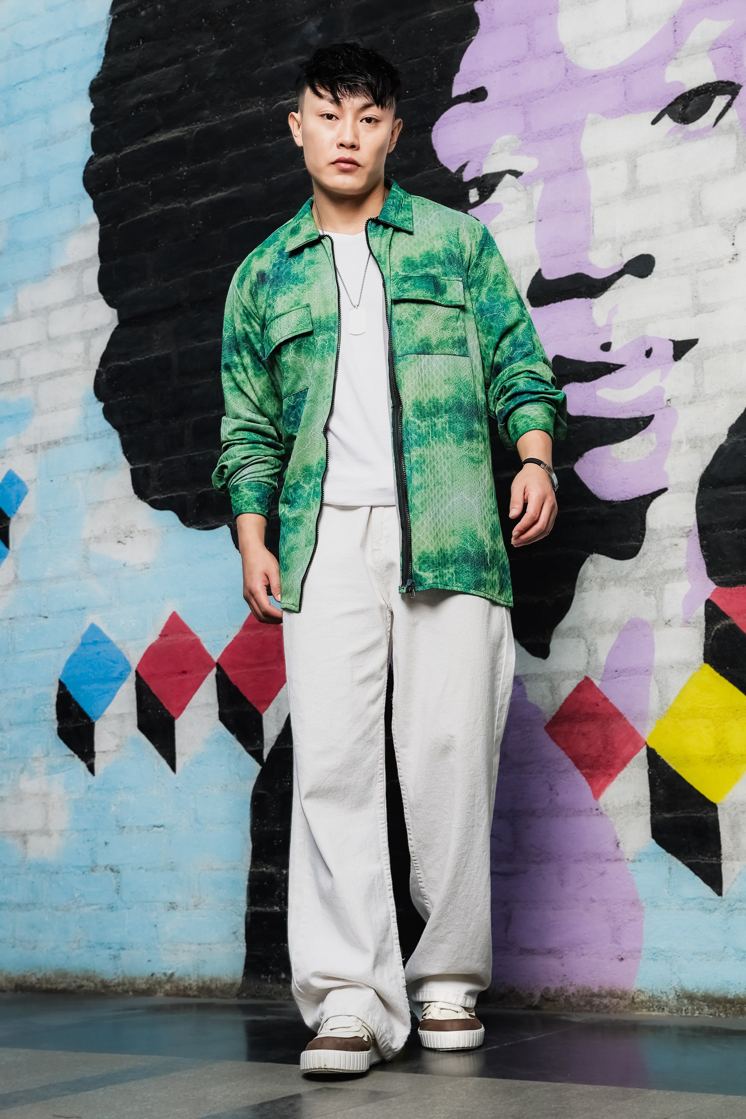 Grey & Green Abstract Printed Drop-Shoulder Relaxed Fit Shirt Zipper Shacket