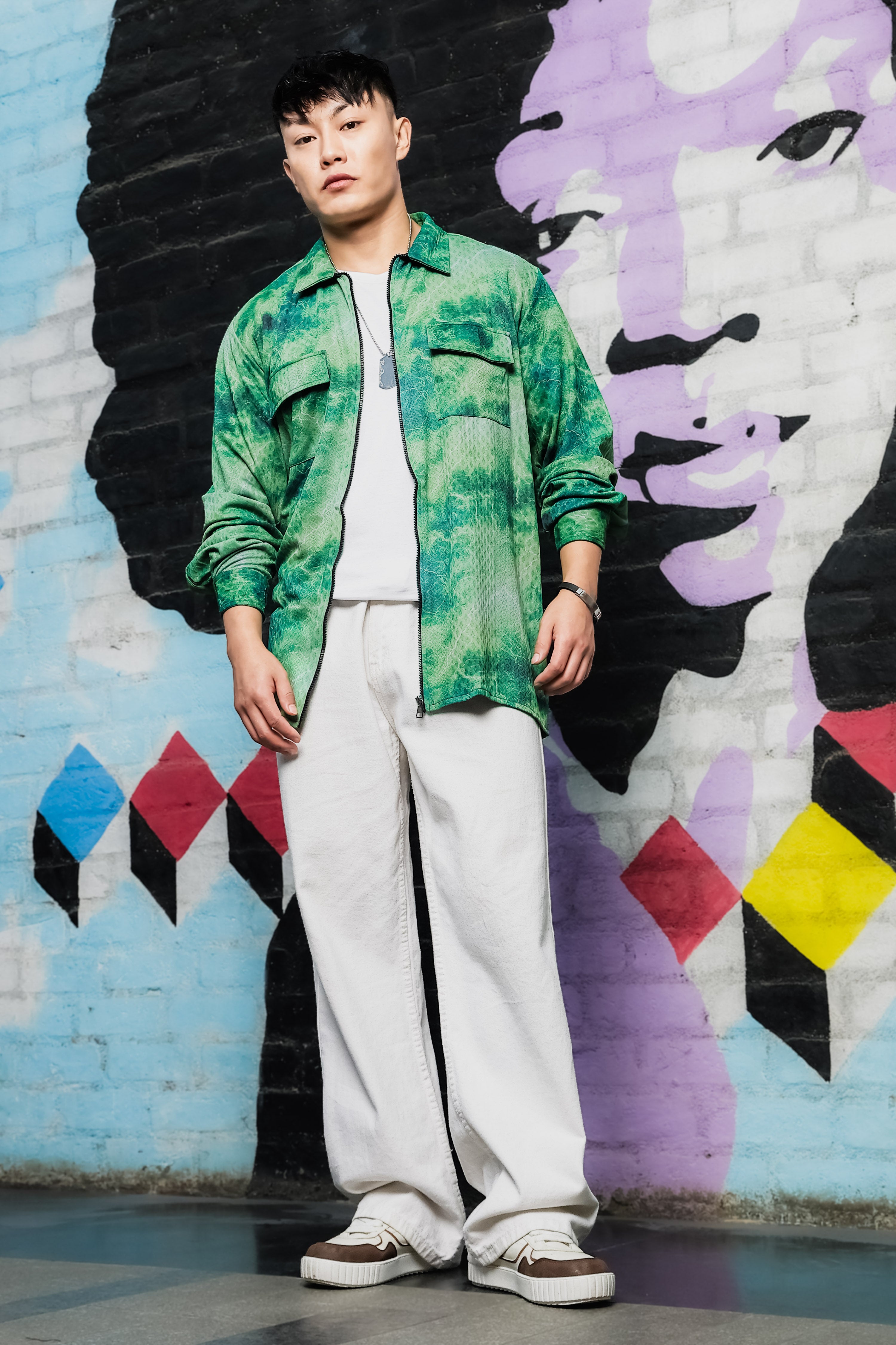 Grey & Green Abstract Printed Drop-Shoulder Relaxed Fit Shirt Zipper Shacket